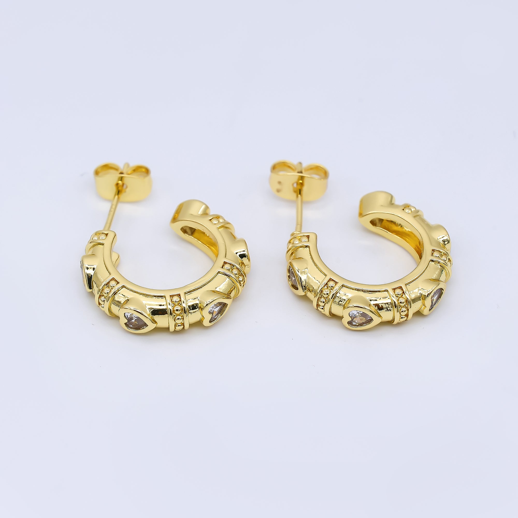 24K Gold Filled 19mm Heart CZ Dotted C-Shaped Hoop Earrings | AI490