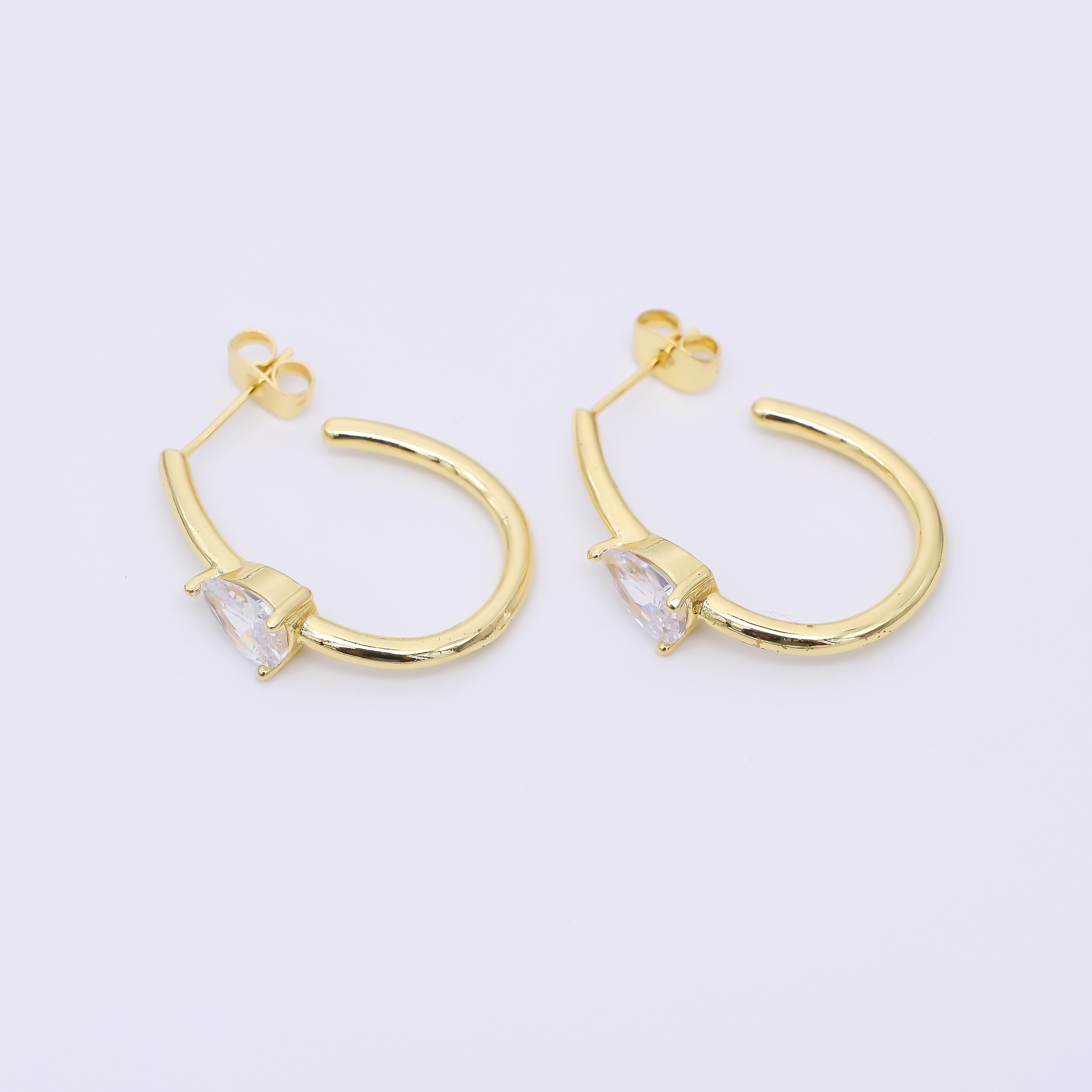 24K Gold Filled 27.5mm Clear CZ Teardrop J-Shaped Hoop Earrings | AI491