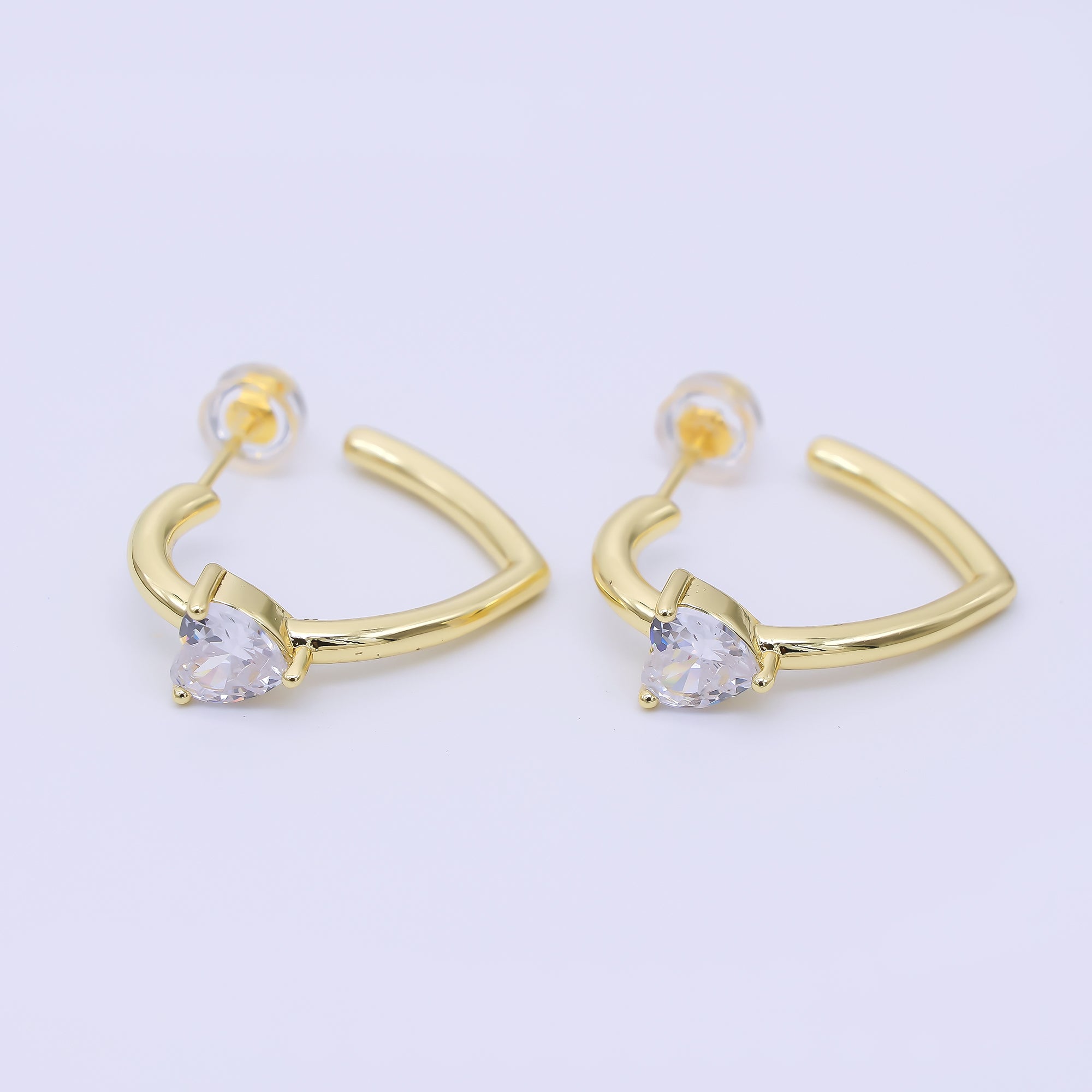 24K Gold Filled Clear CZ Heart C-Shaped Hoop Earrings | AI492