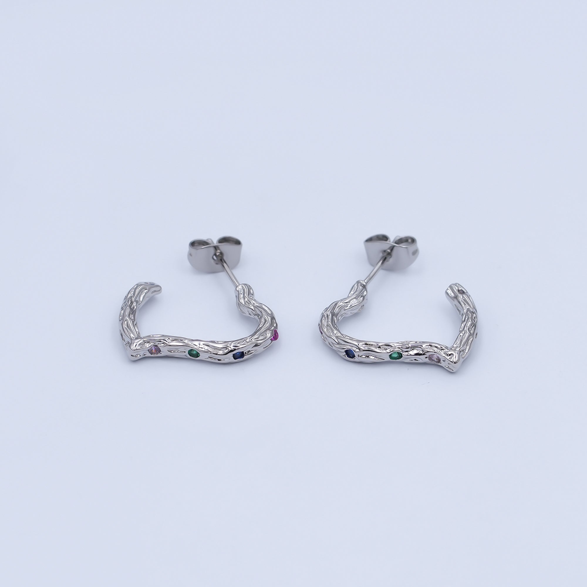 24K Gold Filled Multicolor CZ Hammered J-Shaped Hoop Earrings | AI470 AI493