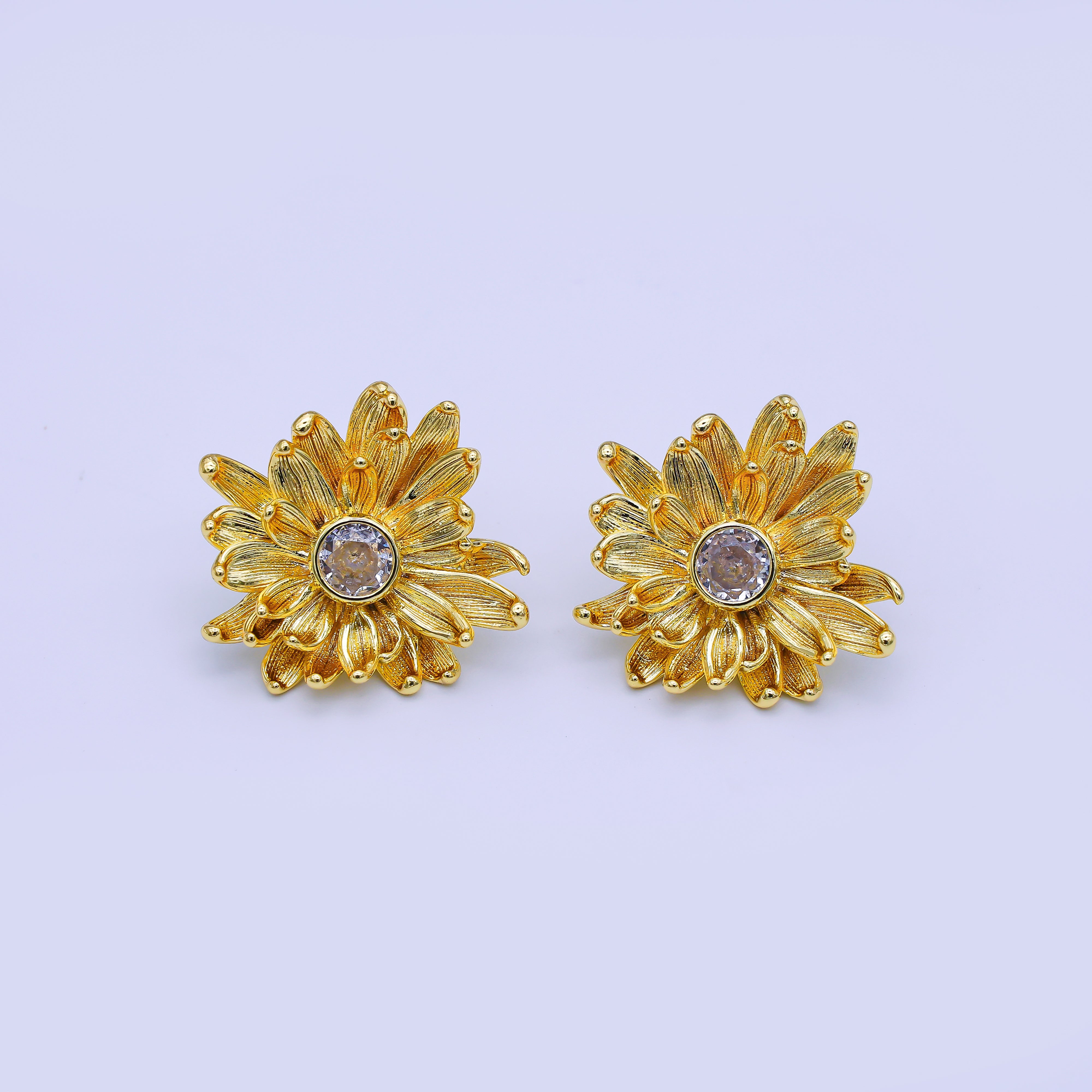 24K Gold Filled CZ Flower Textured Stud Earrings | AI498