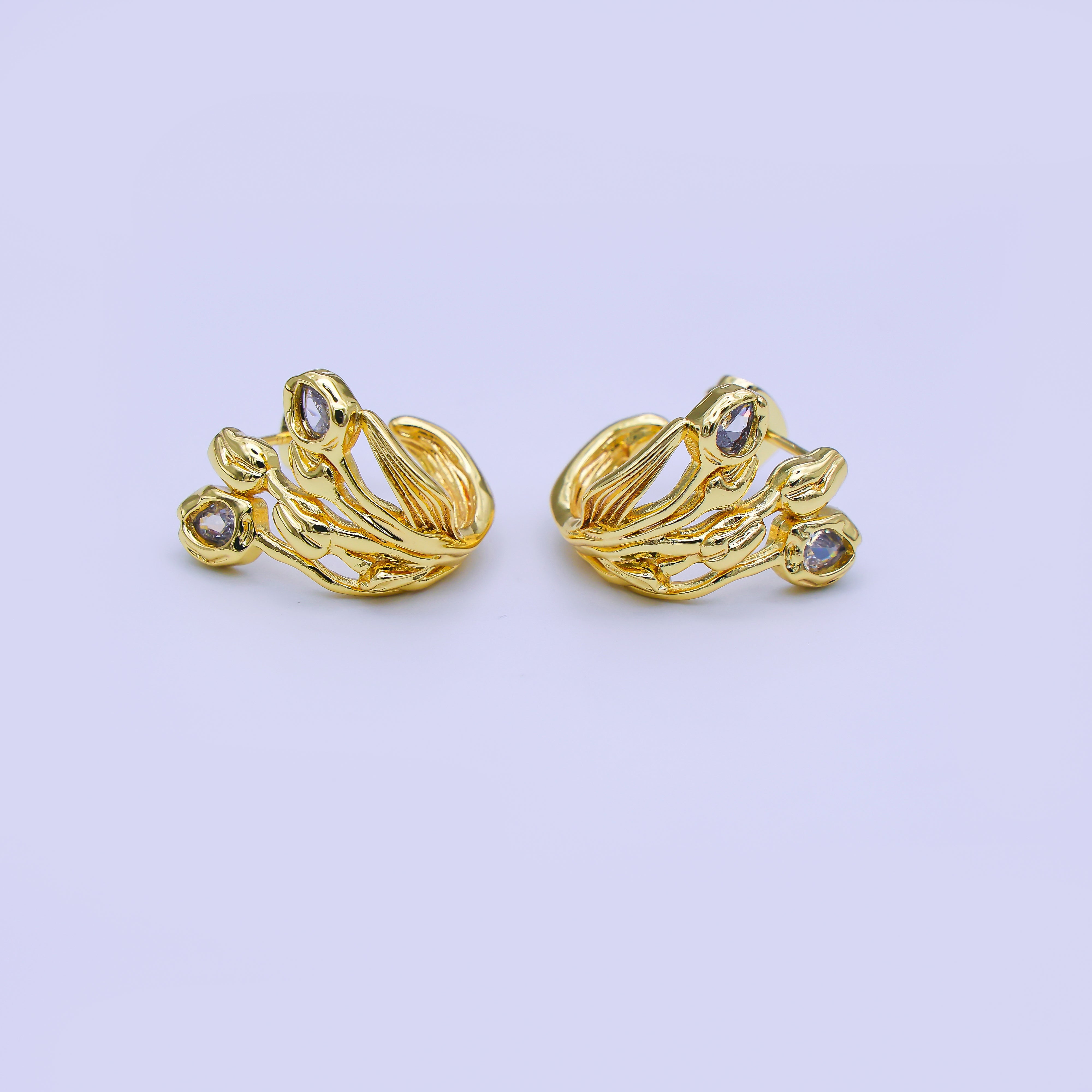 24K Gold Filled CZ Molten Flower J-Shaped Hoop Earrings | AI499