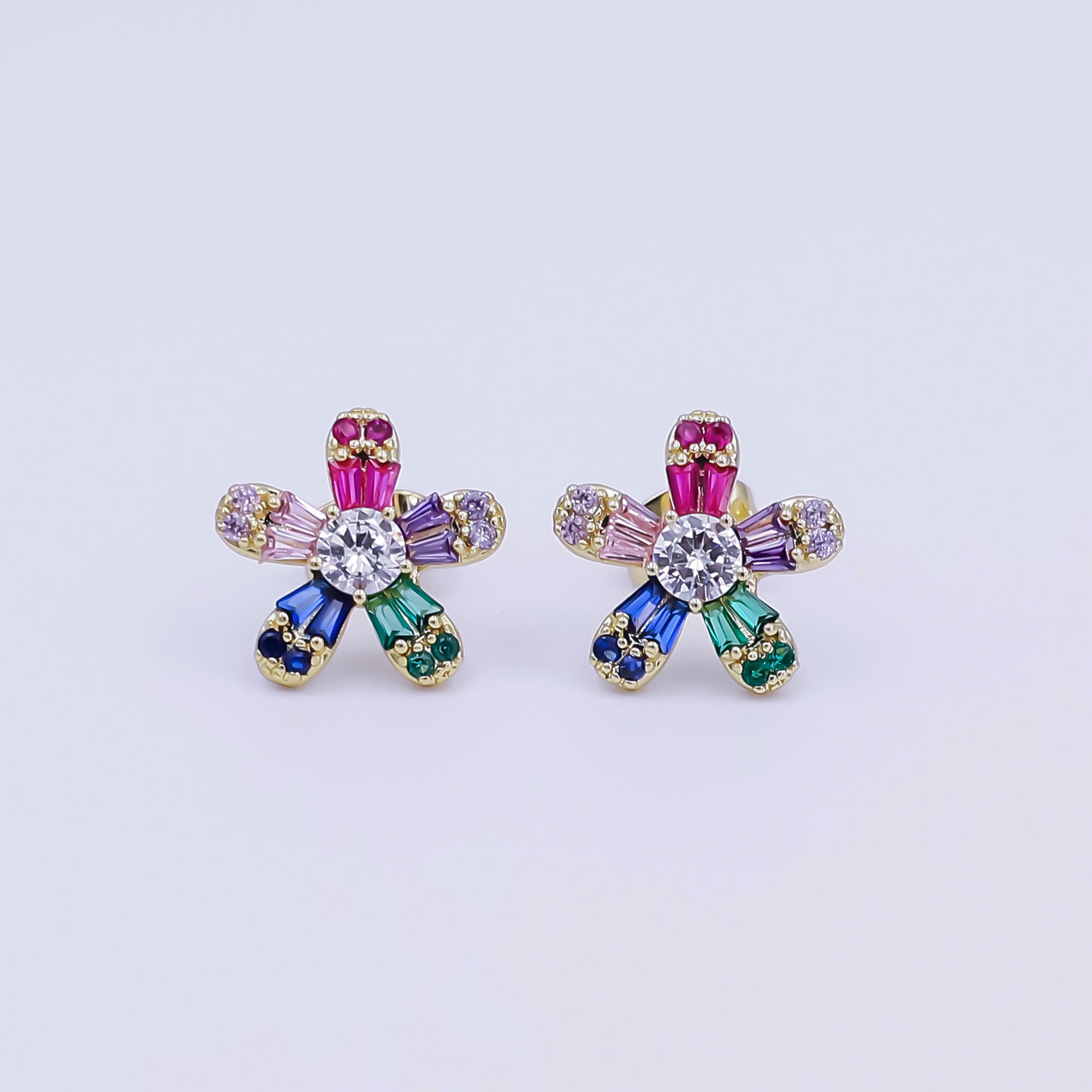24K Gold Filled Multicolor CZ Flower Stud Earrings in Gold & Silver | AI519 AI520