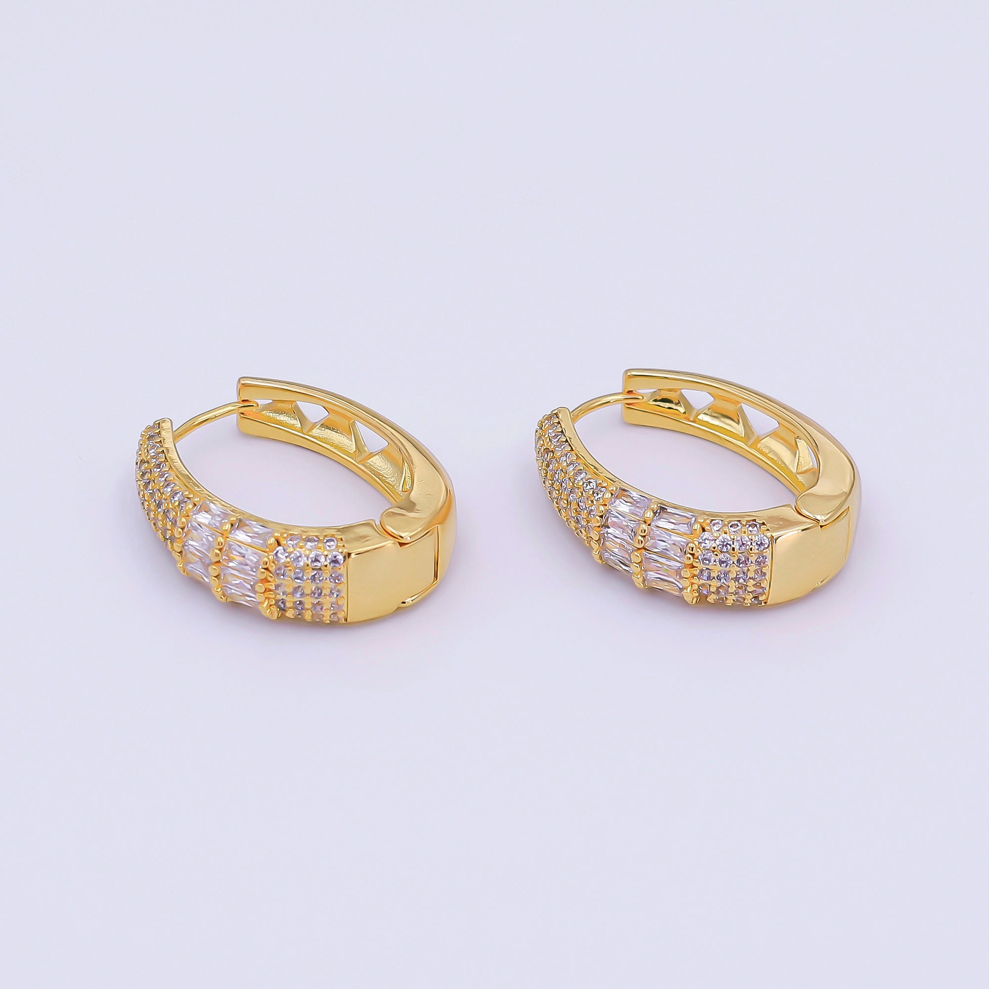 24K Gold Filled 30mm Clear CZ Baguette Micro Paved Oblong Hoop Earrings in Gold & Silver | AI523 AI524
