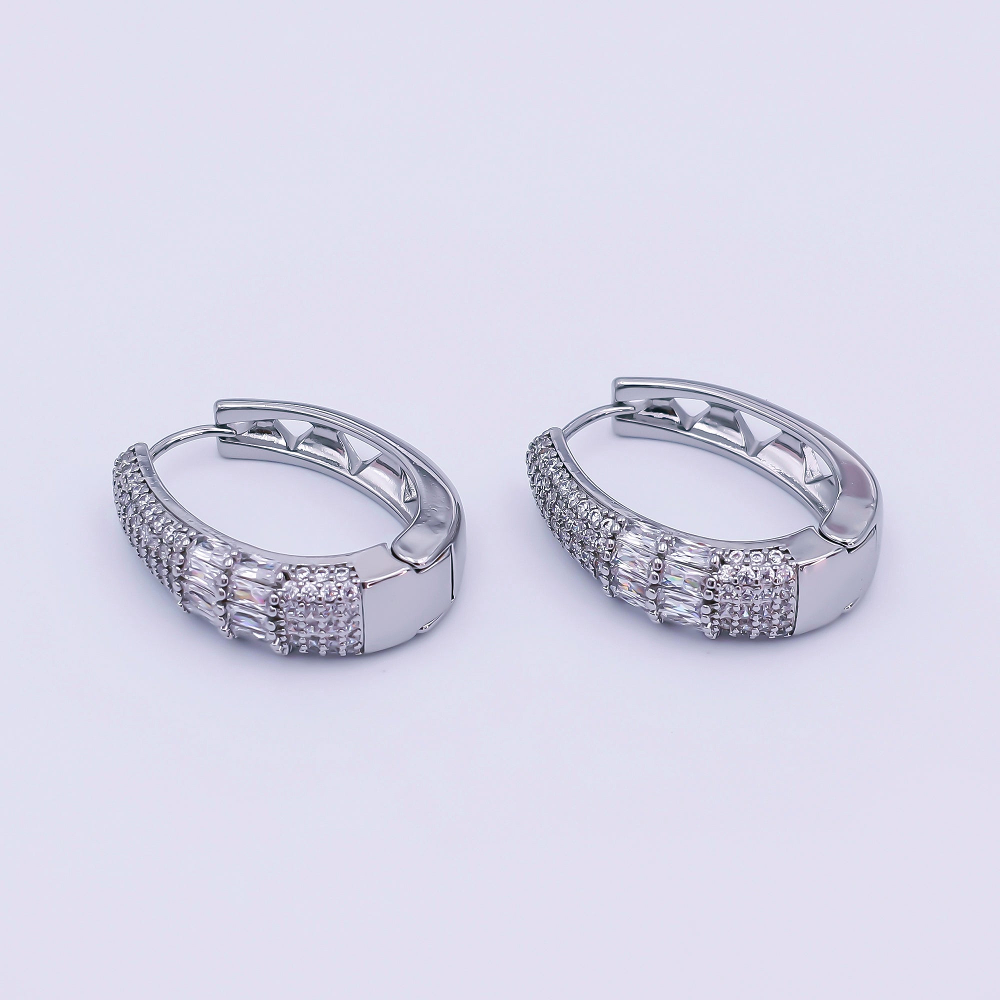 24K Gold Filled 30mm Clear CZ Baguette Micro Paved Oblong Hoop Earrings in Gold & Silver | AI523 AI524