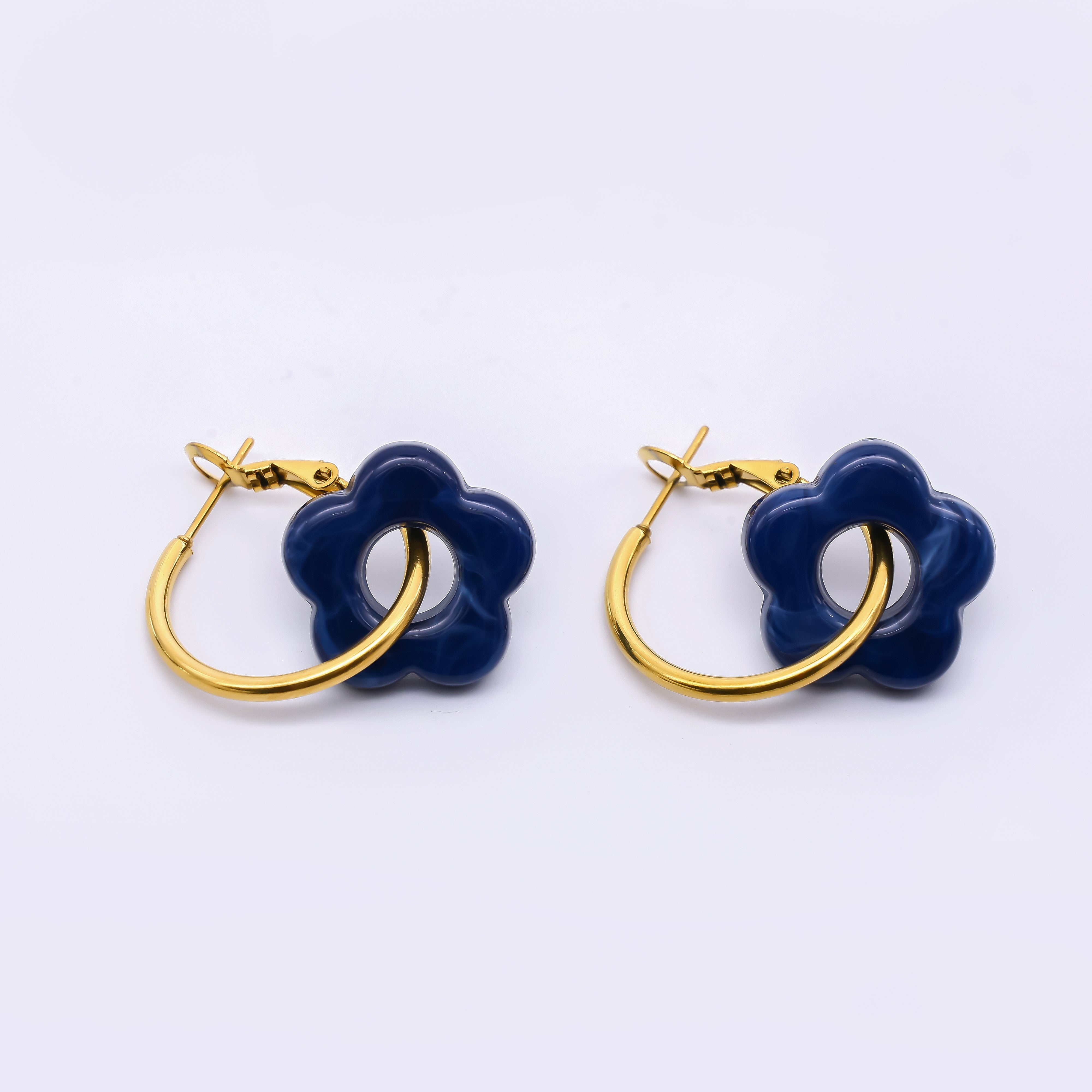 Stainless Steel Red, Black, Blue, Green Resin Flower Hinge Hoop Earrings | AI535 - AI538