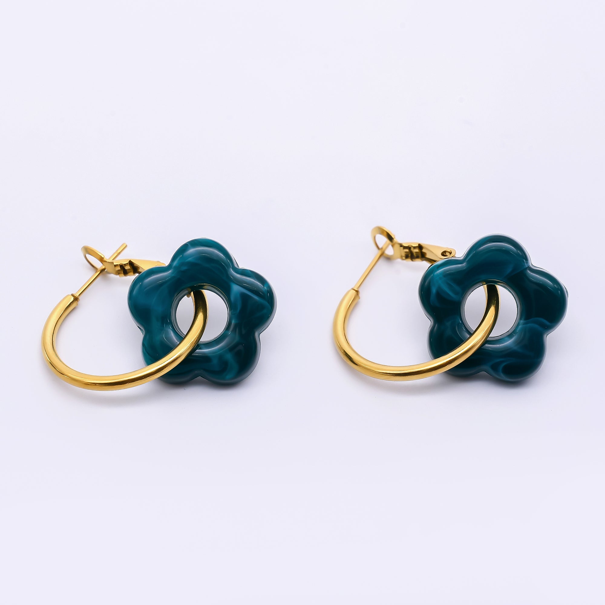 Stainless Steel Red, Black, Blue, Green Resin Flower Hinge Hoop Earrings | AI535 - AI538