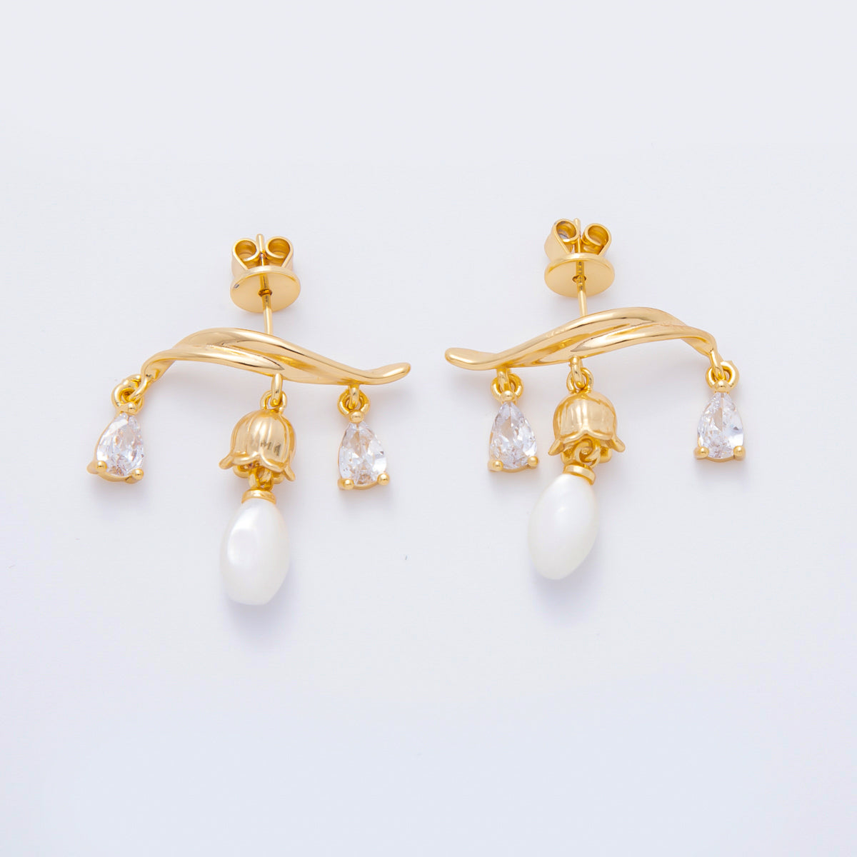 18K Gold Filled Lily Flower Teardrop CZ Shell Pearl Drop Stud Earrings | AJ191