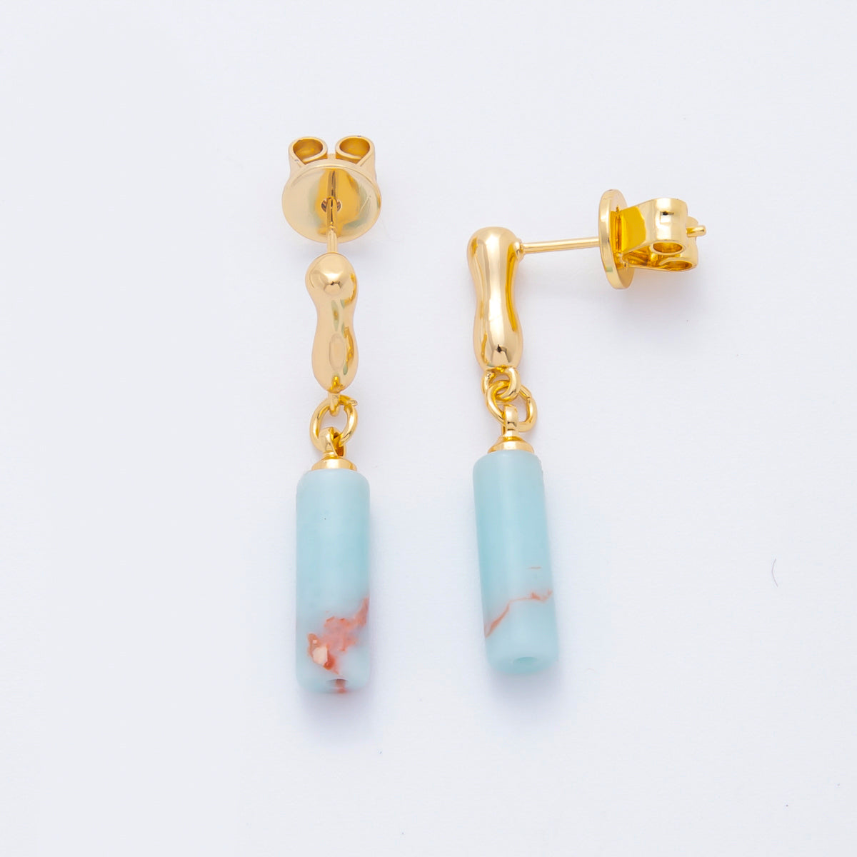 18K Gold Filled Amazonite Cylinder Molten Drip Bar Stud Earrings | AJ192