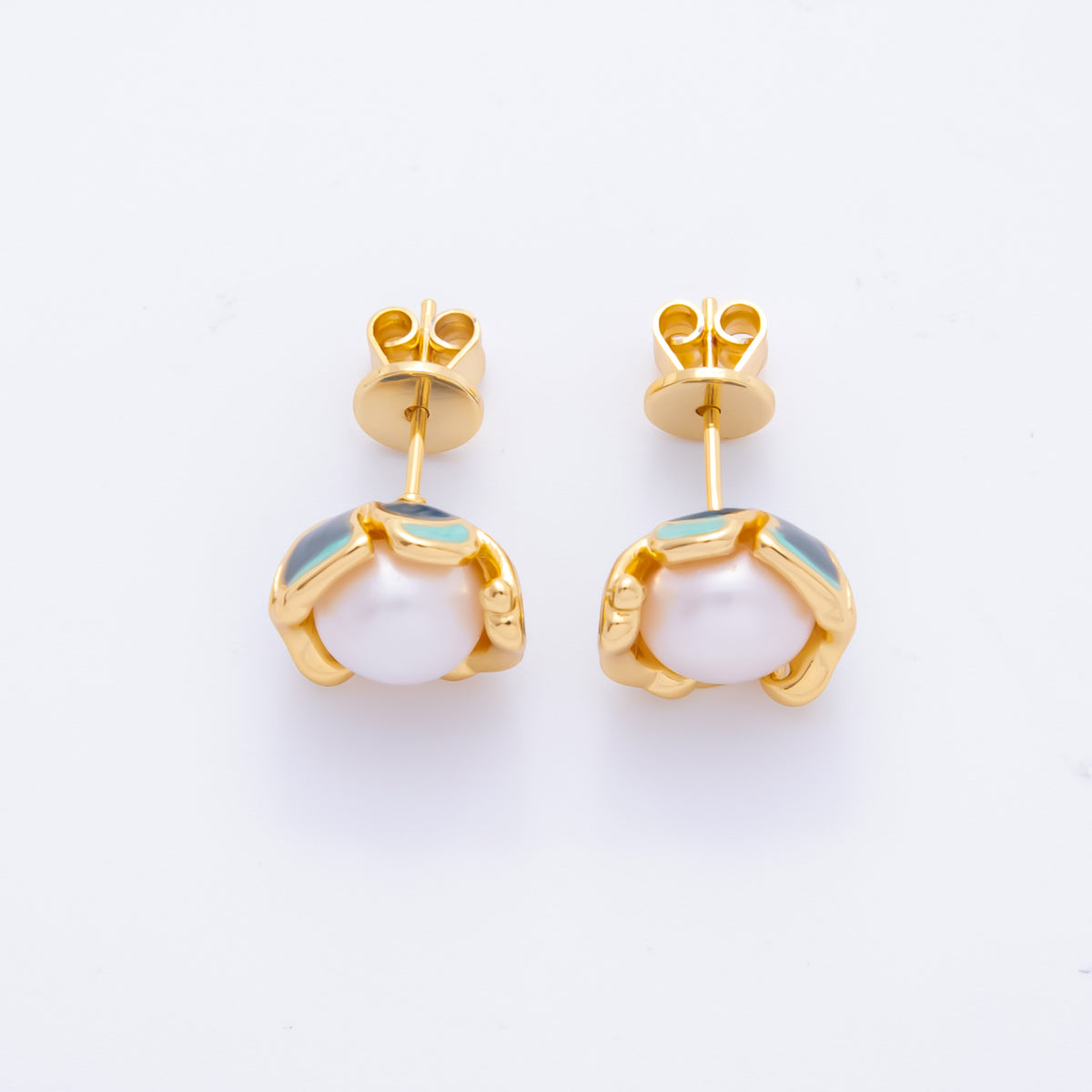 18K Gold Filled Shell Pearl Blue Flower Petal Mini Stud Earrings | AJ193