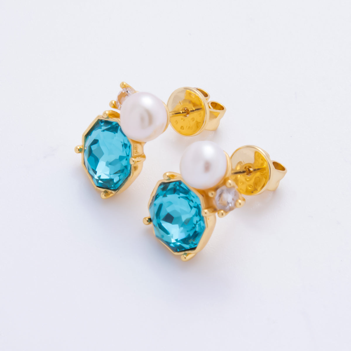 18K Gold Filled Blue Octagonal CZ Shell Pearl Cluster Studs Earrings | AJ-194