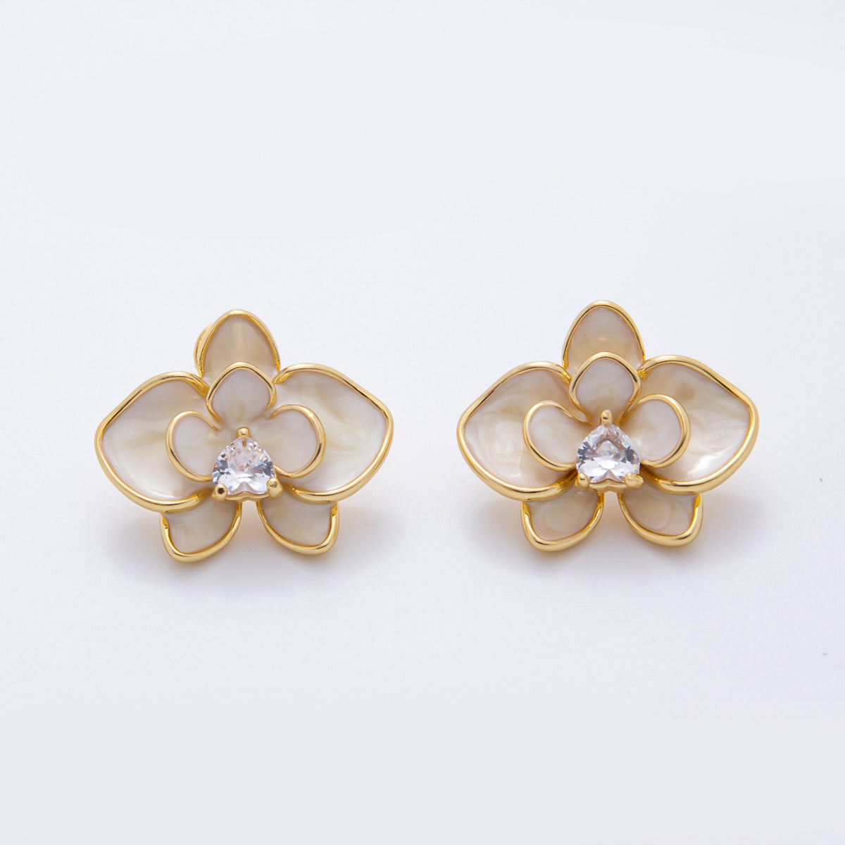 18K Gold Filled Heart-Shaped CZ Enamel Bloom Orchid Floral Studs Earrings in White, Blue, & Pink | AJ195 - AJ197