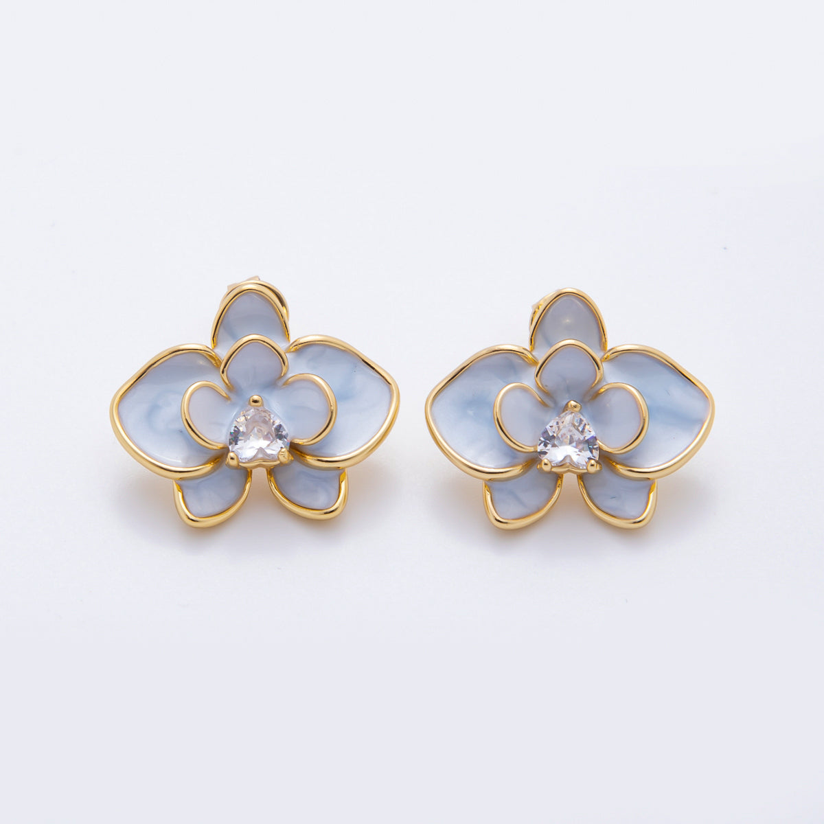 18K Gold Filled Heart-Shaped CZ Enamel Bloom Orchid Floral Studs Earrings in White, Blue, & Pink | AJ195 - AJ197