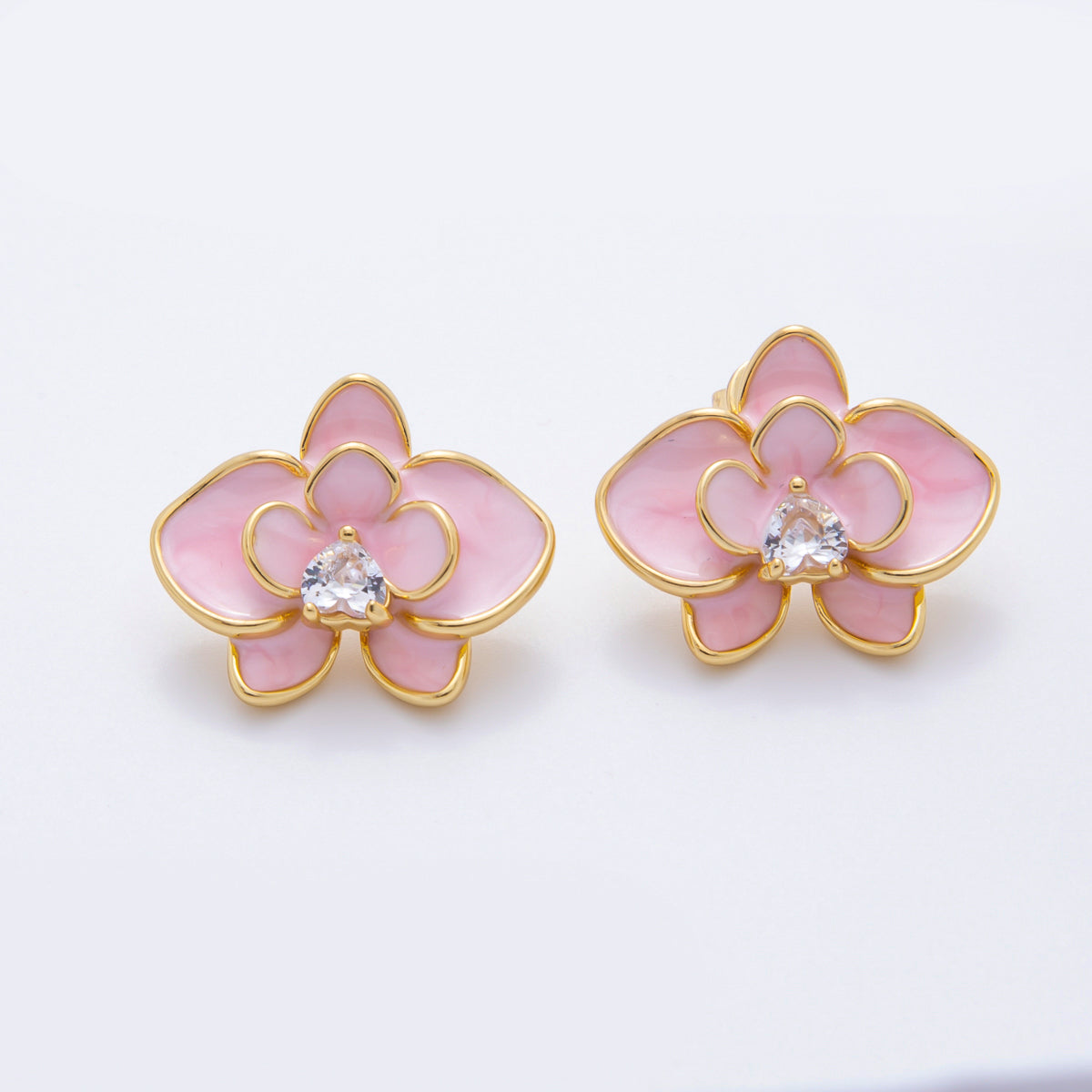 18K Gold Filled Heart-Shaped CZ Enamel Bloom Orchid Floral Studs Earrings in White, Blue, & Pink | AJ195 - AJ197