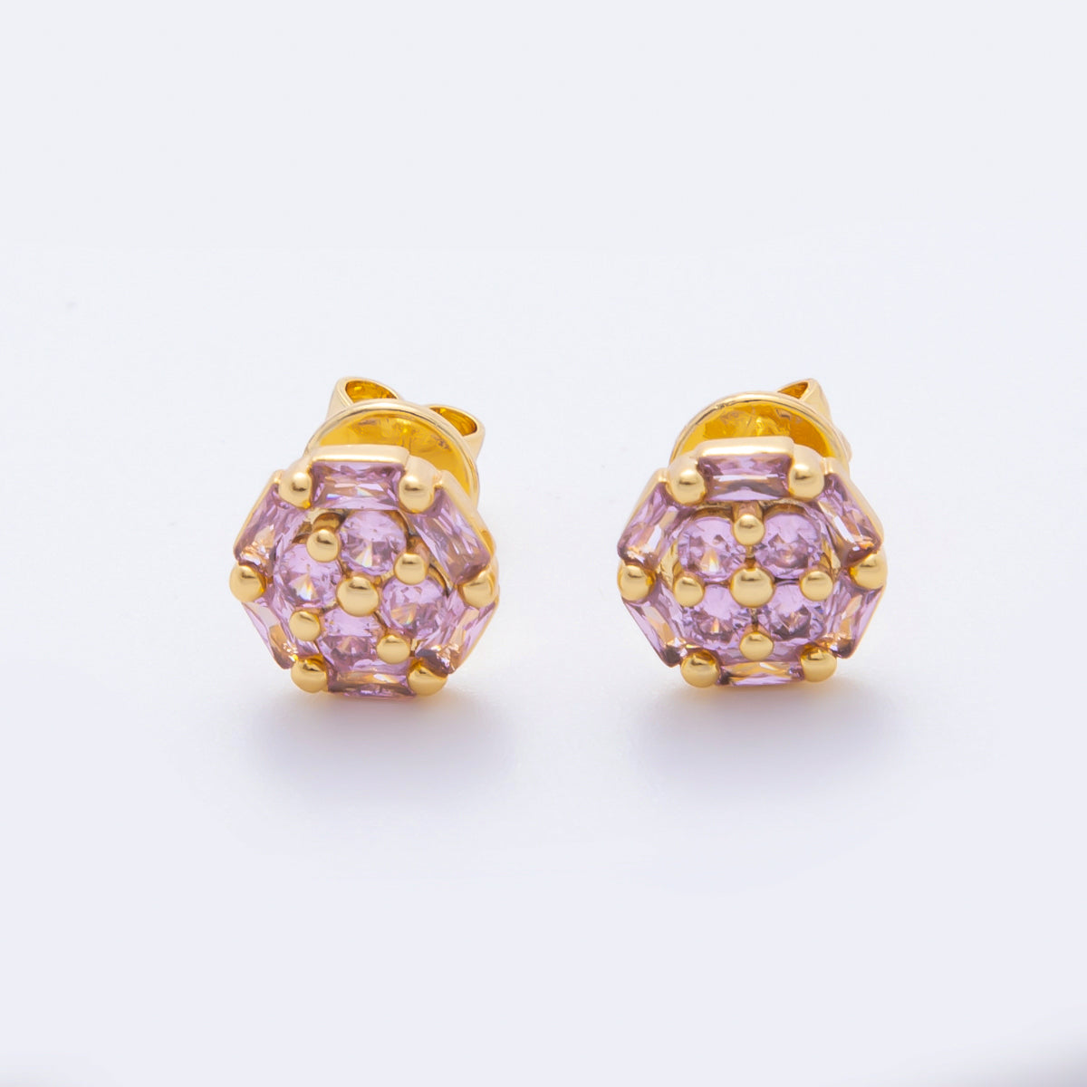 18K Gold Filled 8.8mm Clear, Purple, Pink Micro Paved CZ Baguette Round Stud Earrings | AJ274 AJ204 AJ206