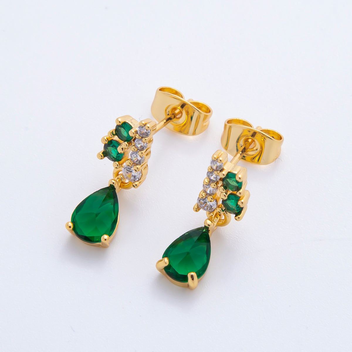 18K Gold Filled Emerald Green Teardrop & Micro Paved CZ Classy Drop Stud Earrings | AJ217