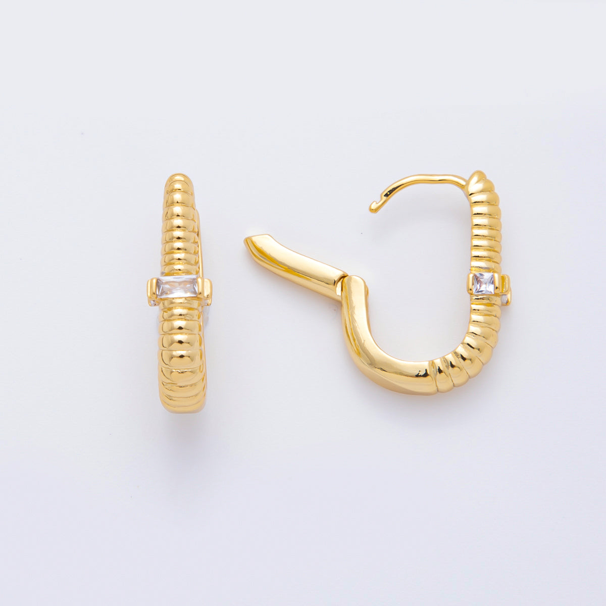 18K Gold Filled Rectangular CZ Ribbed Row Hinged Hoops Earrings | AJ219