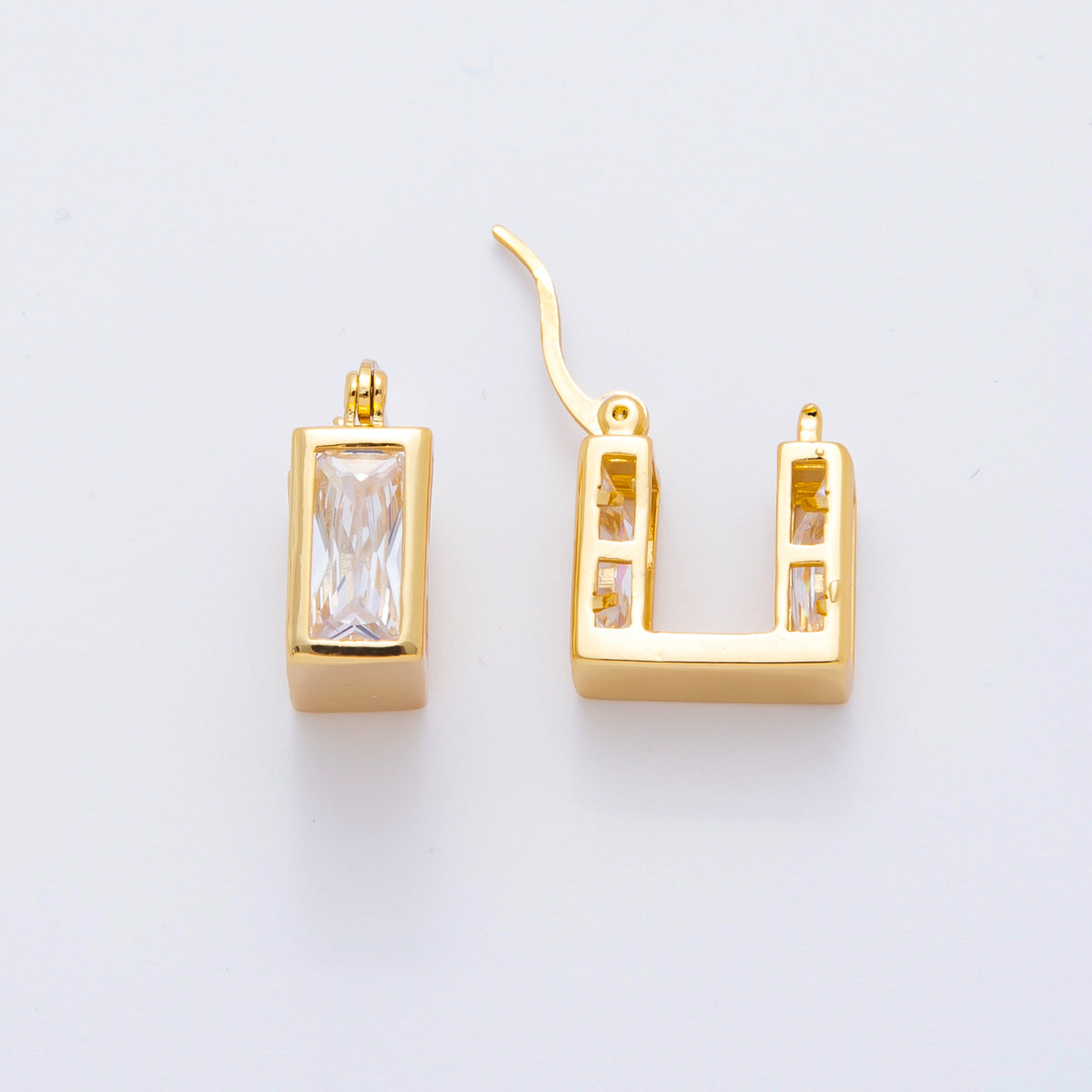 18K Gold Filled Clear CZ Baguette Rectangular Latch Hoop Earrings | AJ228