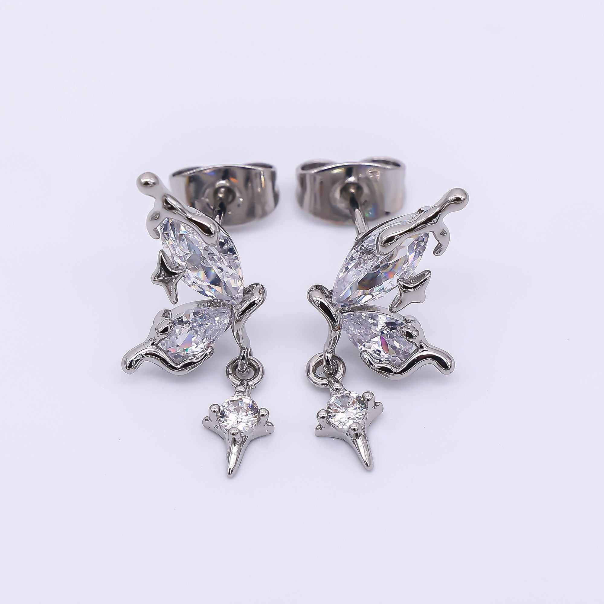 24K Gold Filled Marquise & Teardrop CZ Butterfly Wings Set Drop Studs Earrings in Gold & Silver | AJ-038 AJ-039
