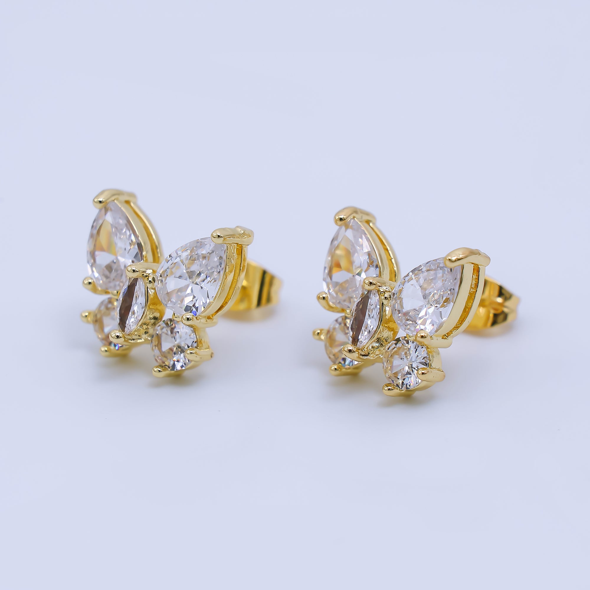 24K Gold Filled Clear Teardrop, Marquise & Round CZ Clear Butterfly Stud Earrings | AJ-043