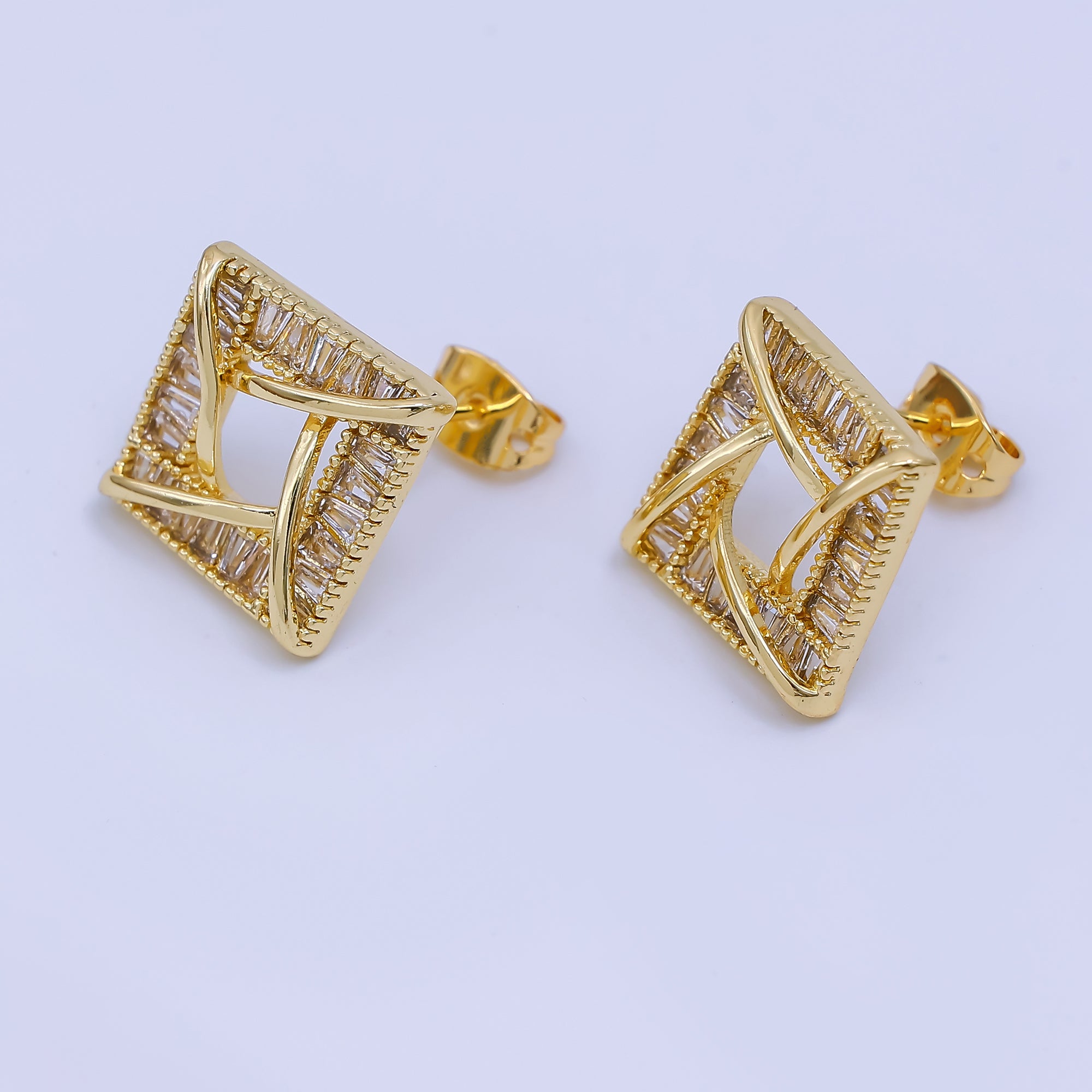 24K Gold Filled Baguette CZ Geometric Square Stud Earrings | AJ-044