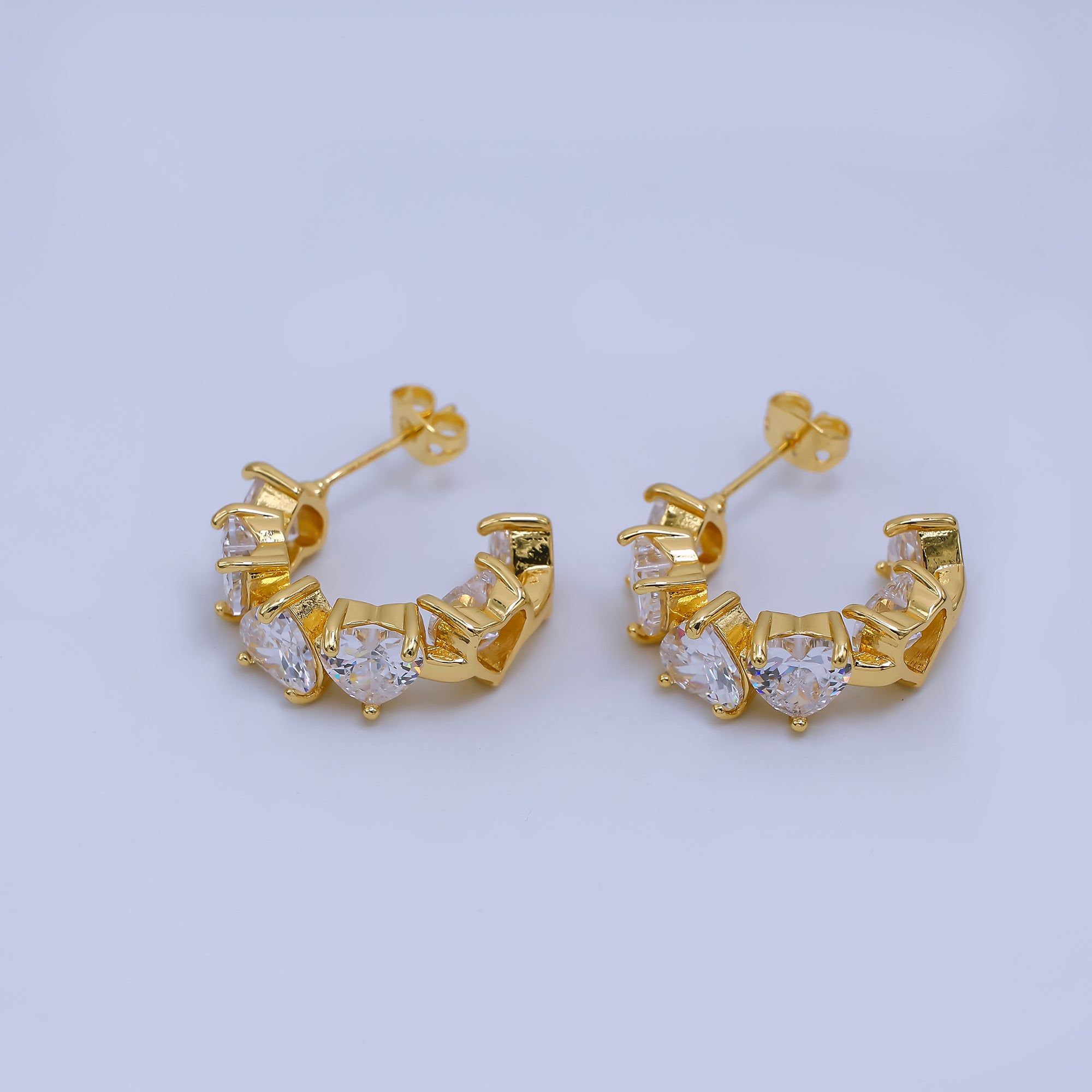 24K Gold Filled Heart-Shaped CZ Dainty C-Shaped Hoops Earrings | AJ-045