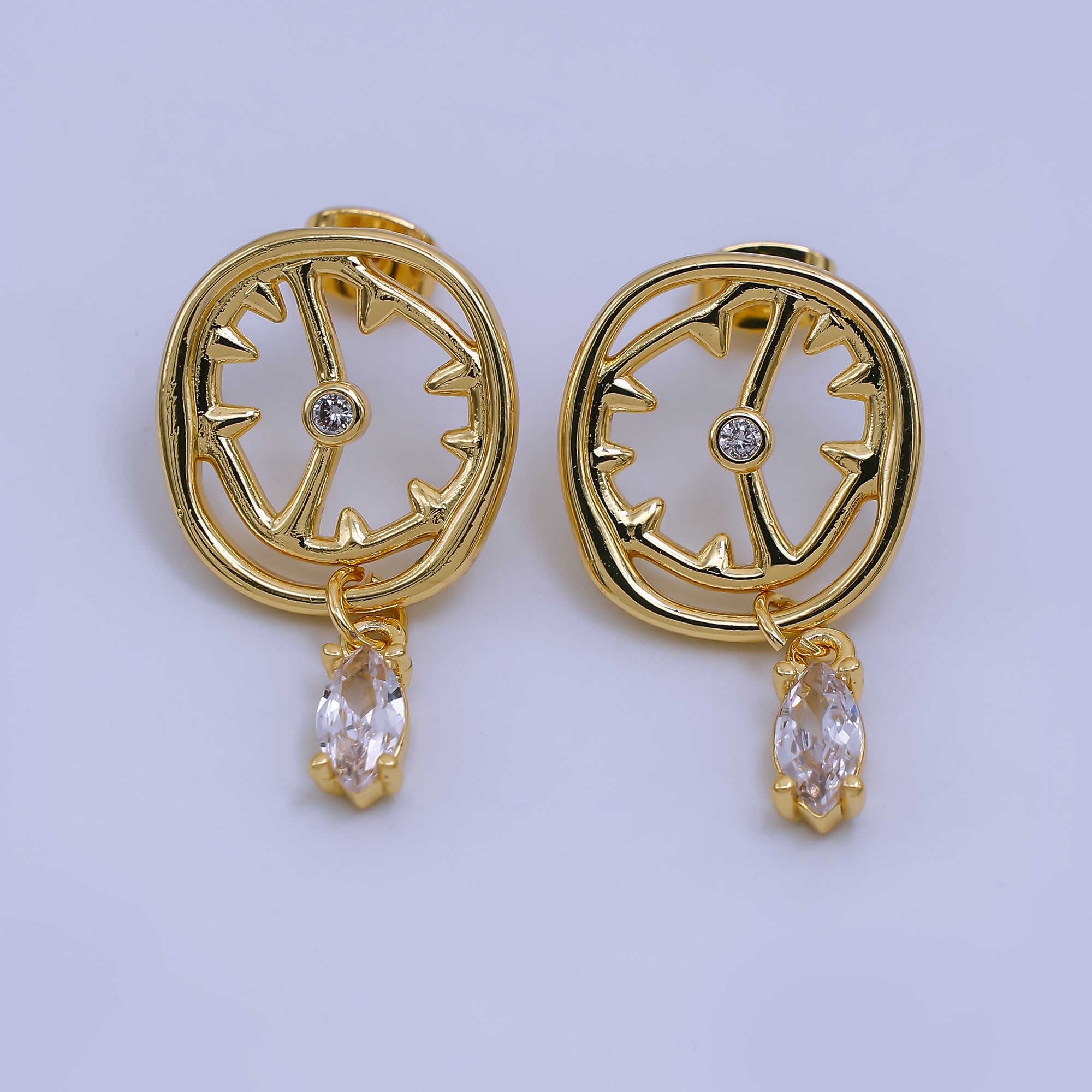 24K Gold Filled Marquise CZ Broken Clock Drop Stud Earrings | AJ-046