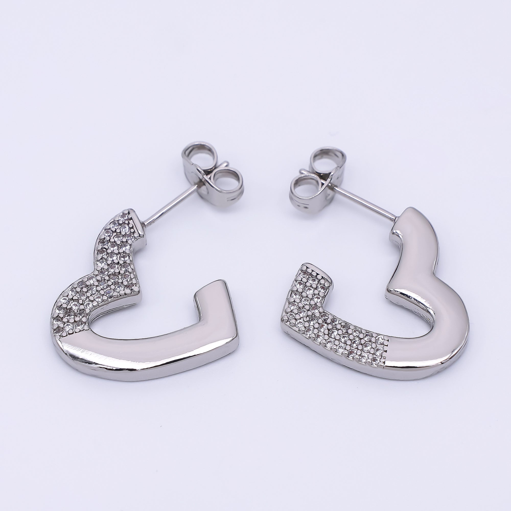 Silver Micro Paved CZ Half-Heart C-Hoops Earrings | AJ-050