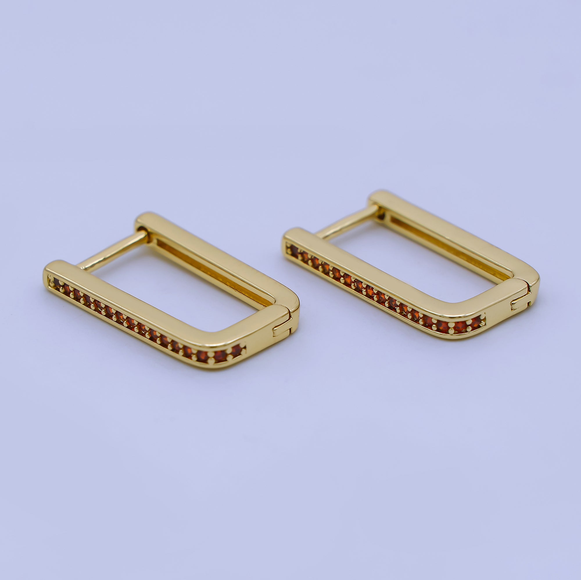 24K Gold Filled Micro Paved CZ Rectangular English Lock Hoops Earrings in Purple & Red | AJ-051