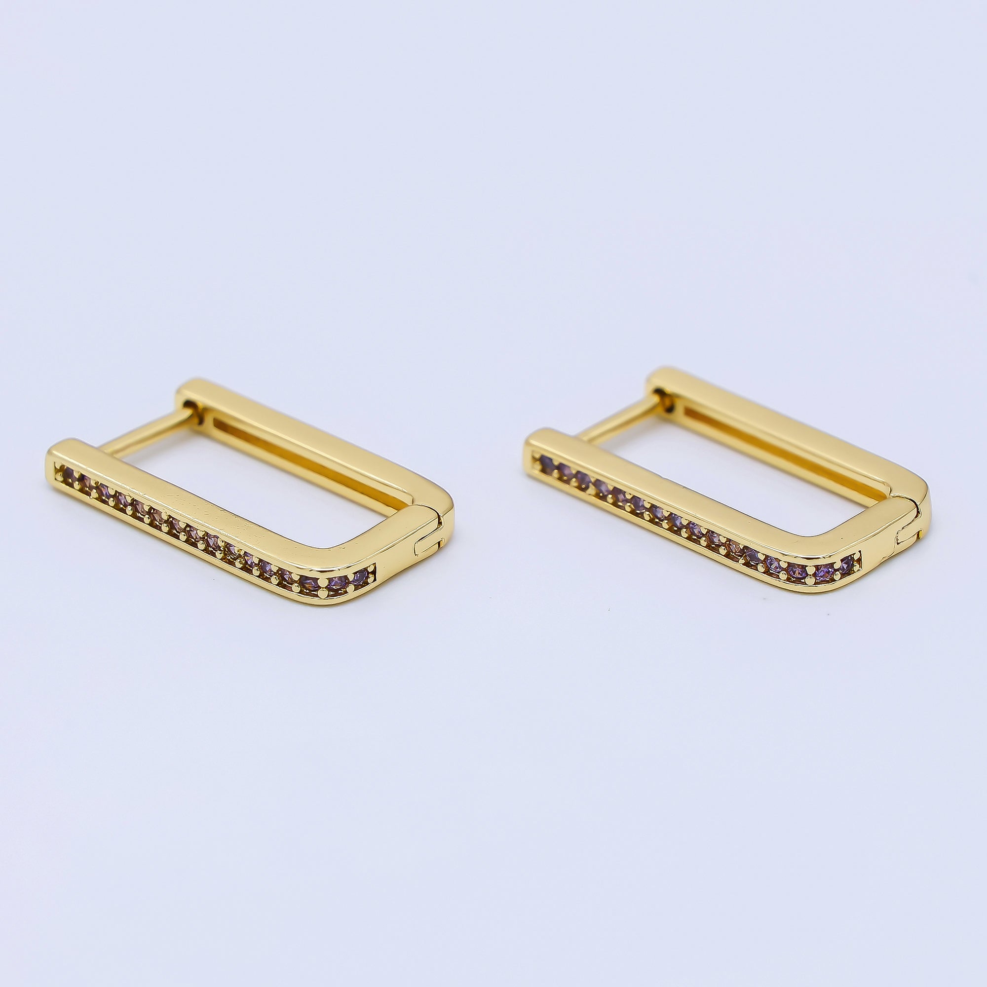 24K Gold Filled Micro Paved CZ Rectangular English Lock Hoops Earrings in Purple & Red | AJ-051