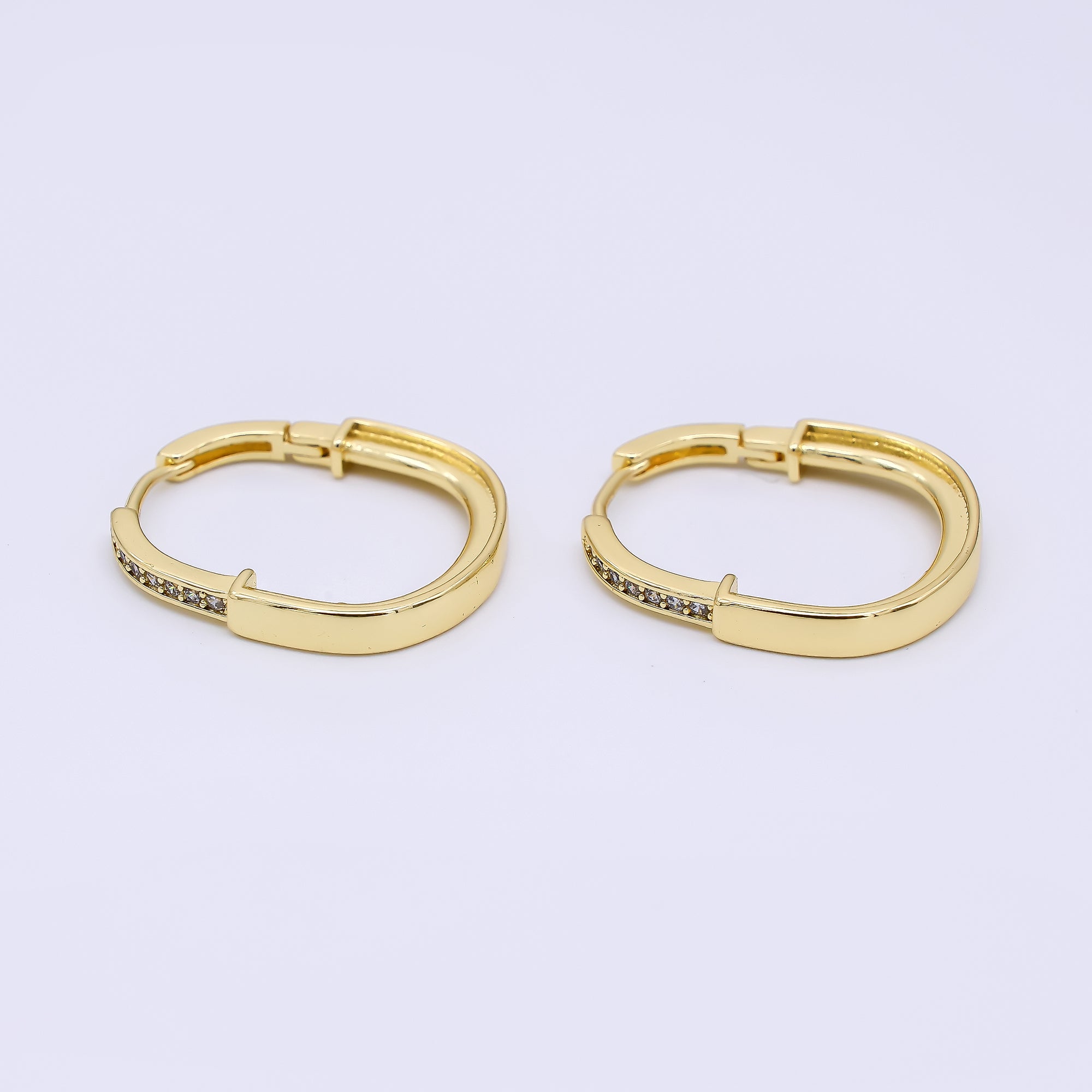 24K Gold Filled Micro Paved CZ Oblong Oval Hinged Hoops Earrings | AJ-054