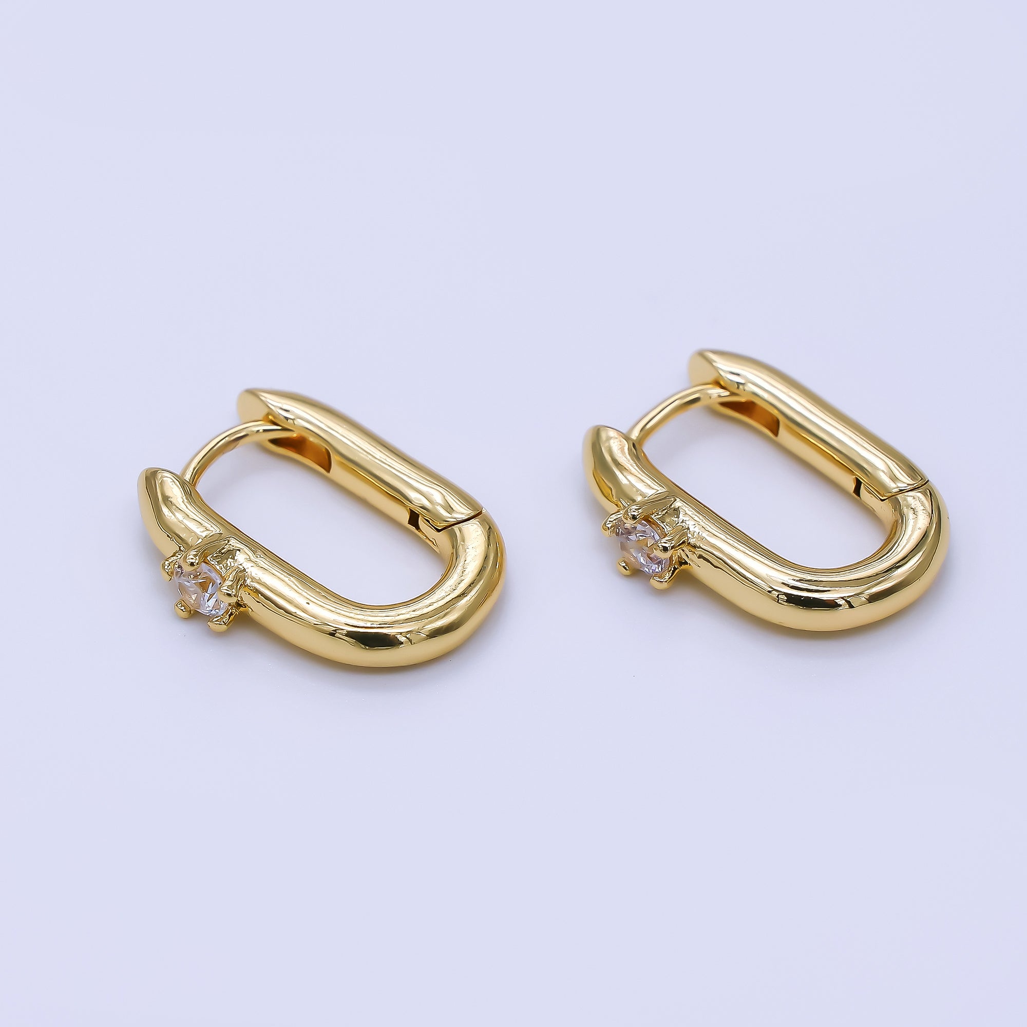 24K Gold Filled Clear Round CZ Star Oblong Hinged Huggie Hoops Earrings | AJ-056
