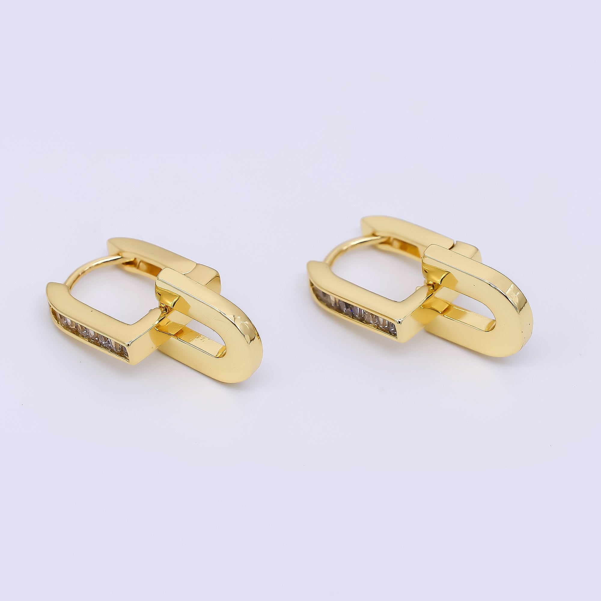 24K Gold Filled Micro Paved CZ U-Shaped Linked Lever Back Huggie Hoops Earrings | AJ-057