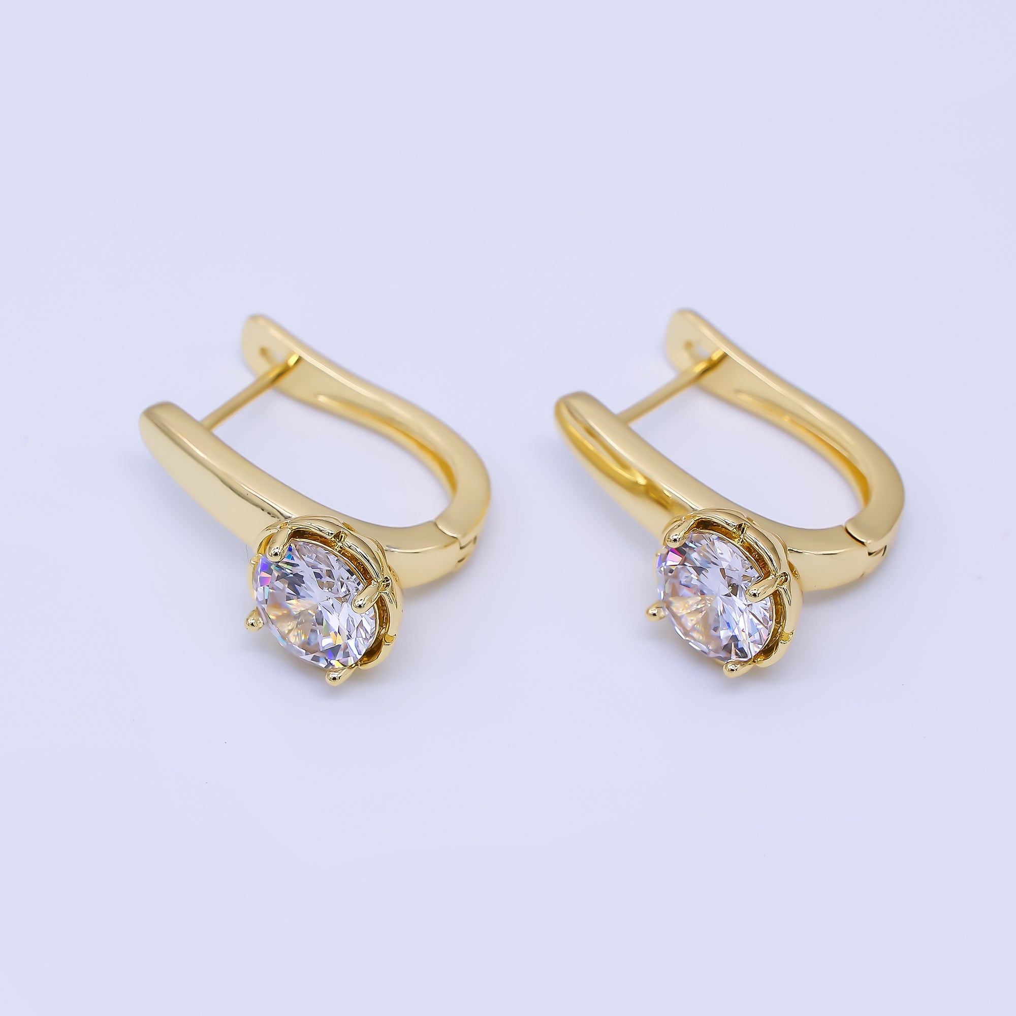 24K Gold Filled Clear Round CZ Classic Solitaire English Lock Hoops Earrings | AJ-058