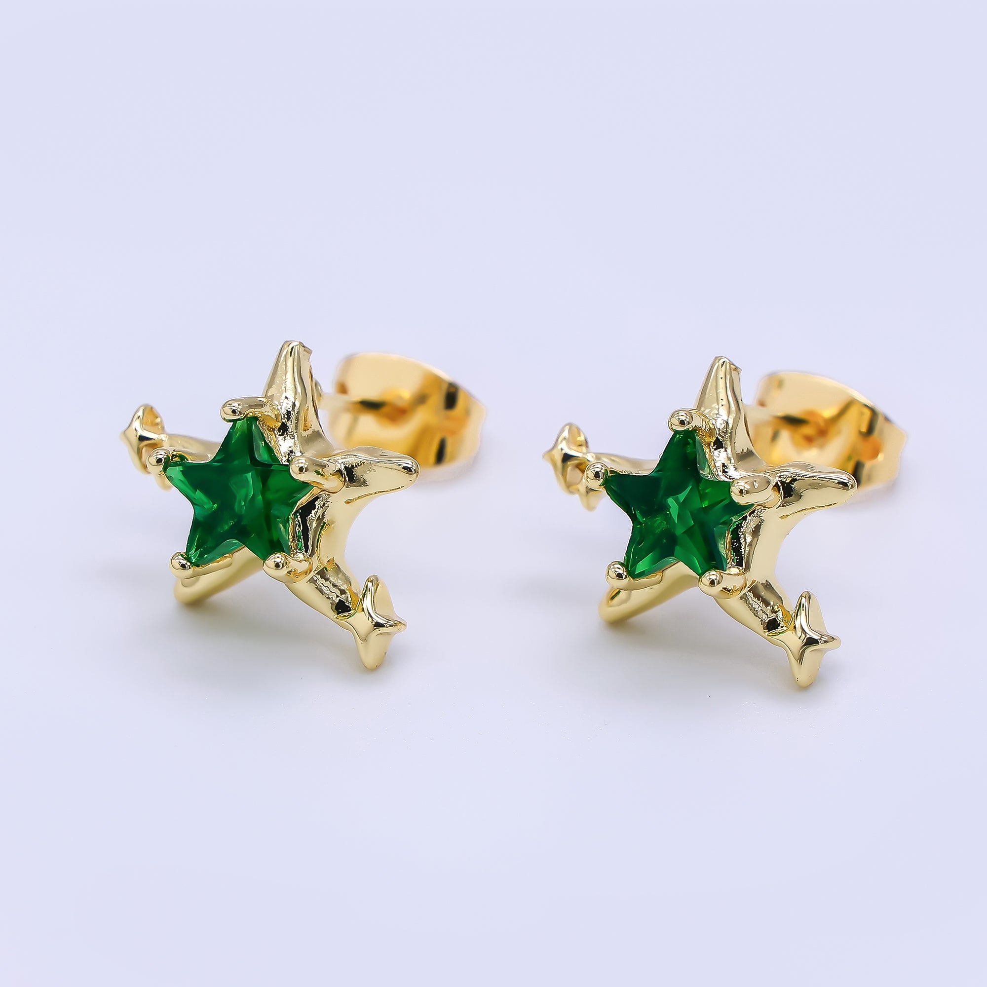 24K Gold Filled Green, Red, & Pink CZ Star-Shaped Stud Earrings | AJ-067 - AJ-072