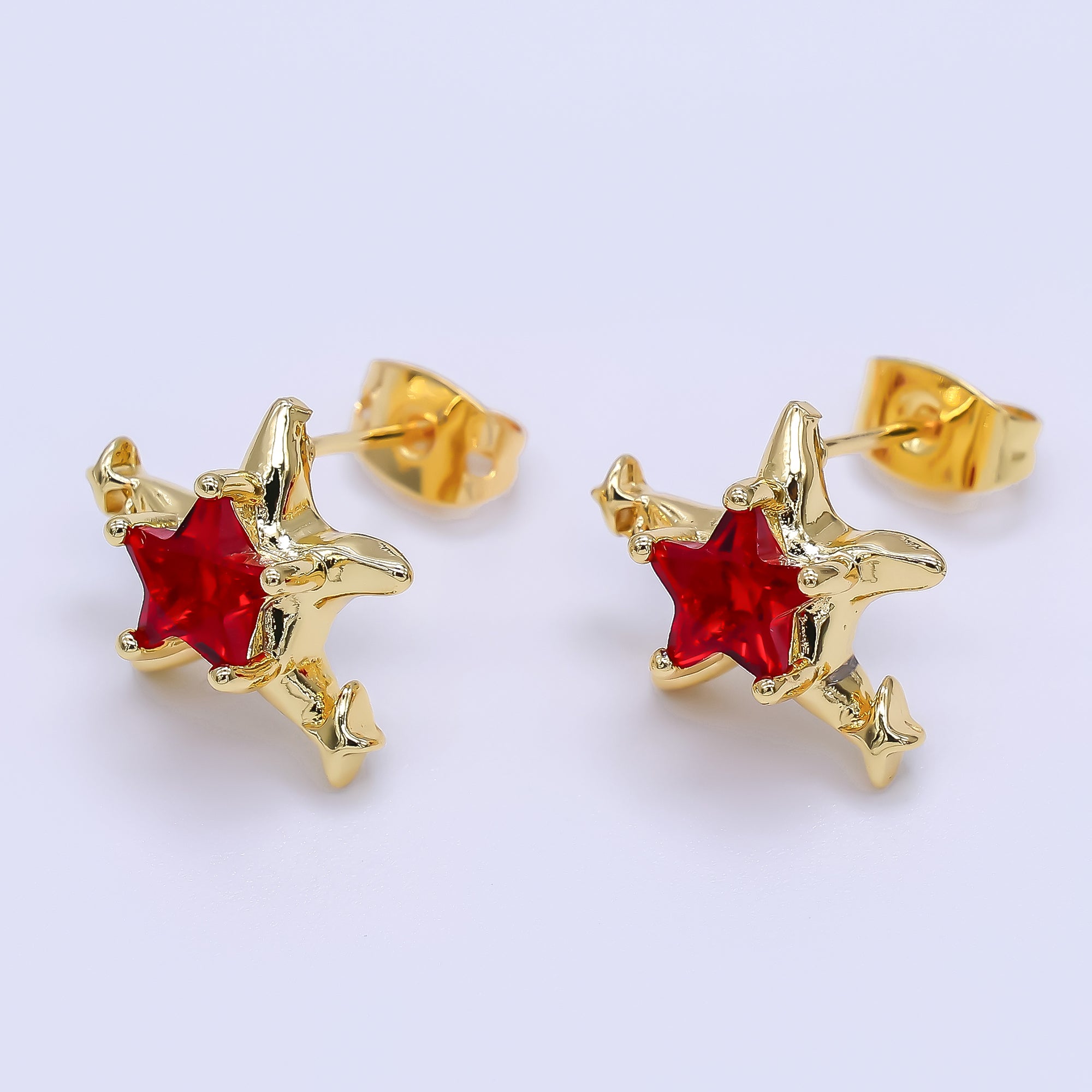 24K Gold Filled Green, Red, & Pink CZ Star-Shaped Stud Earrings | AJ-067 - AJ-072
