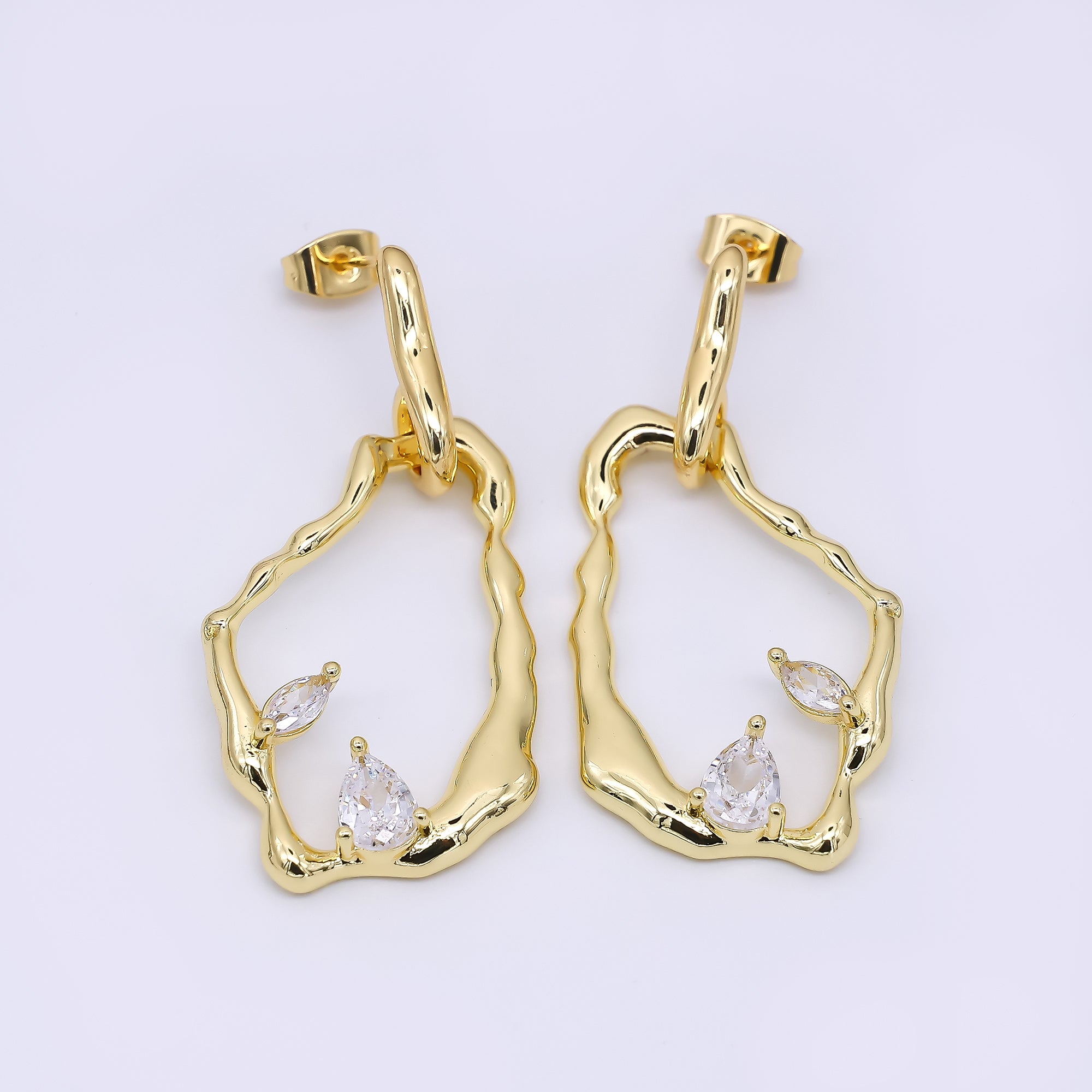 24K Gold Filled Marquise & Teardrop CZ Molten Rectangular Abstract Drop Stud Earrings | AJ-073