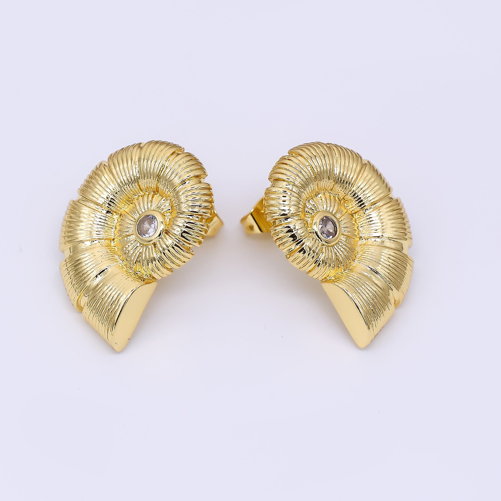 24K Gold Filled Round CZ Twirly Seashell Stud Earrings | AJ-074