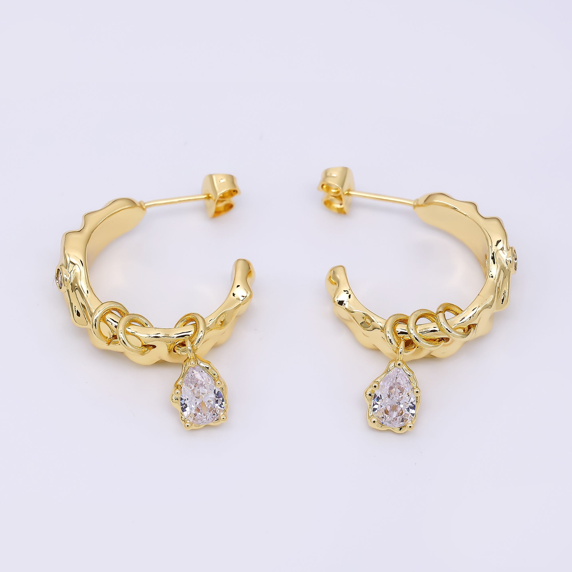 24K Gold Filled Teardrop CZ Triple Loop C-Shaped Hoops Earrings | AJ-075