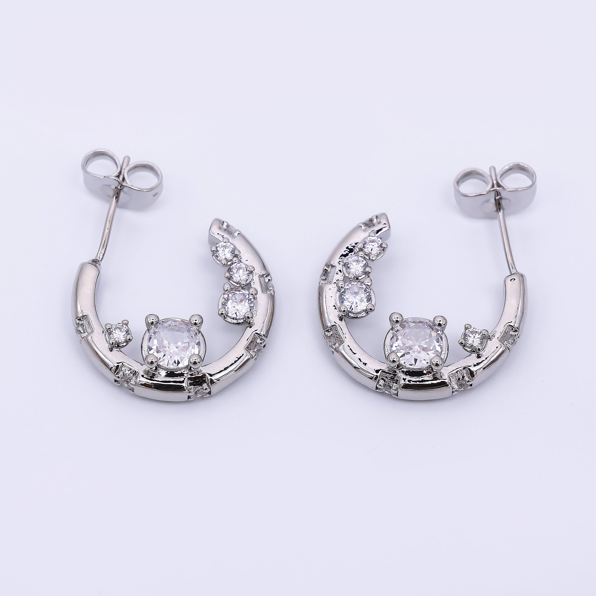 24K Gold Filled Micro Paved CZ Crescent C-Hoops Earrings in Gold & Silver | AJ-079 AJ-080