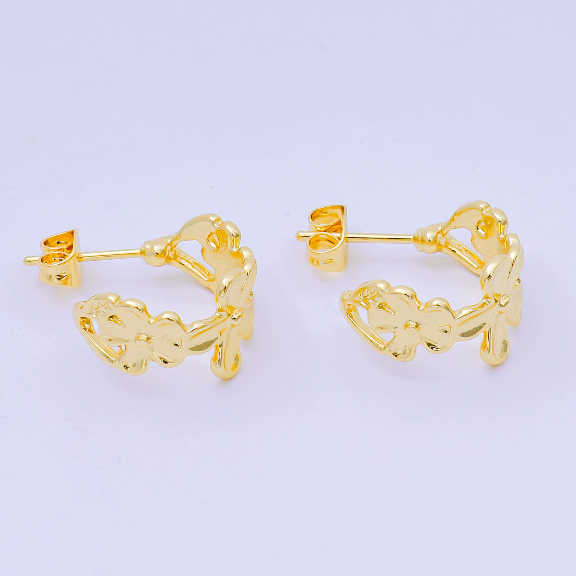24K Gold Filled Flower Linked Garden C-Shaped Stud Earrings | AJ-083