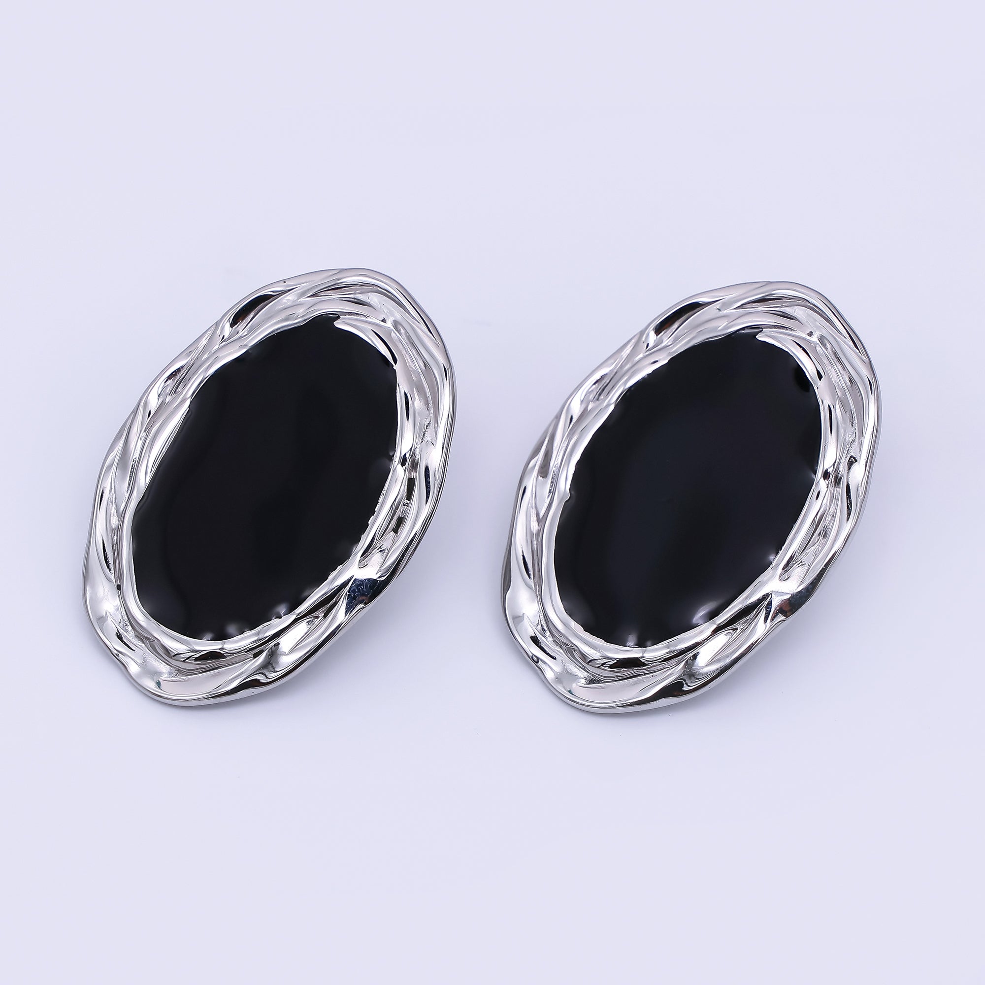Gold & Silver Stainless Steel Black Enamel Oval Halo Void Stud Earrings | AJ091 AJ092