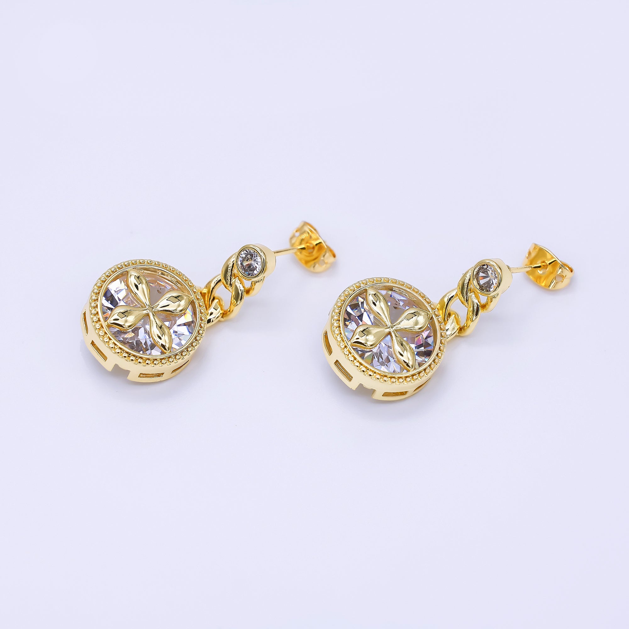 24K Gold Filled Clear CZ Golden Bloom Compass Drop Stud Earrings | AJ-093