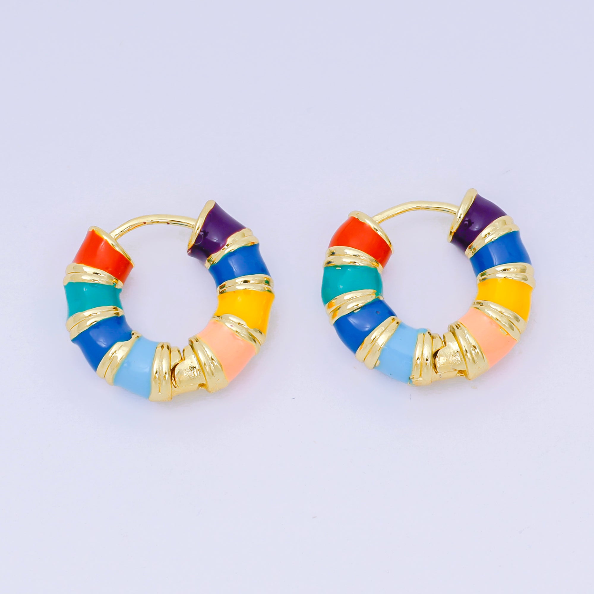24K Gold Filled Enamel Art Candy Stripes Hinged Hoops Earrings | AJ-094 AJ-095