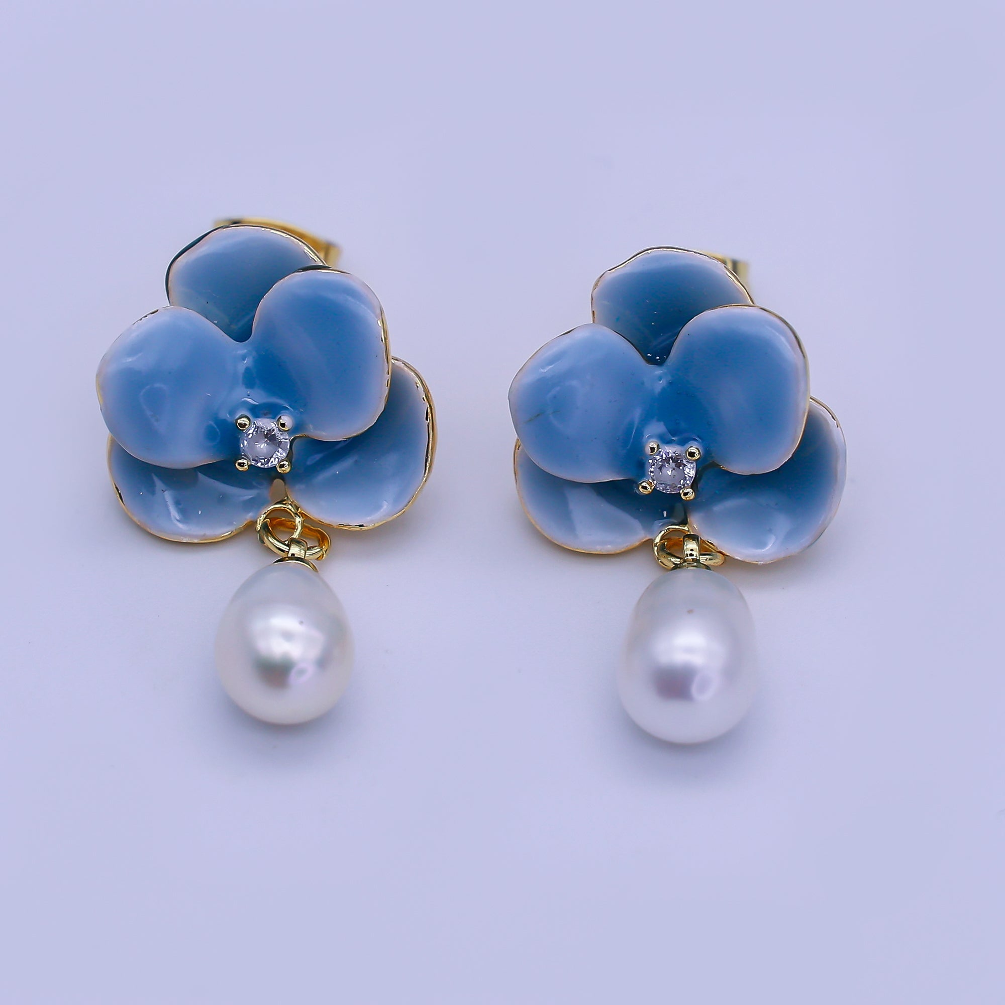 24K Gold Filled Round CZ Enamel Art Sky Blue Orchid Flower Shell Pearl Drop Stud Earrings in Gold & Silver | AJ-106 AJ-107
