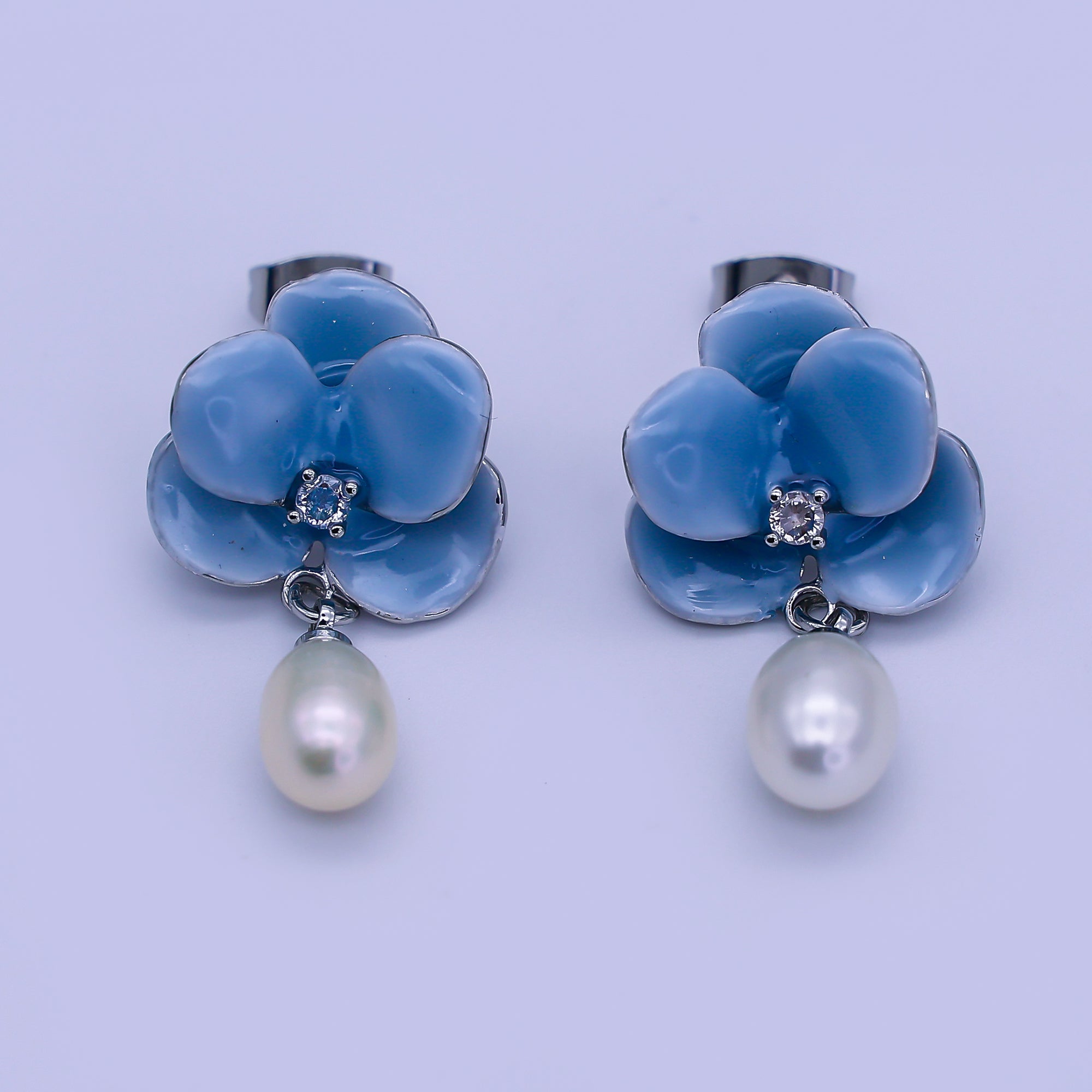24K Gold Filled Round CZ Enamel Art Sky Blue Orchid Flower Shell Pearl Drop Stud Earrings in Gold & Silver | AJ-106 AJ-107