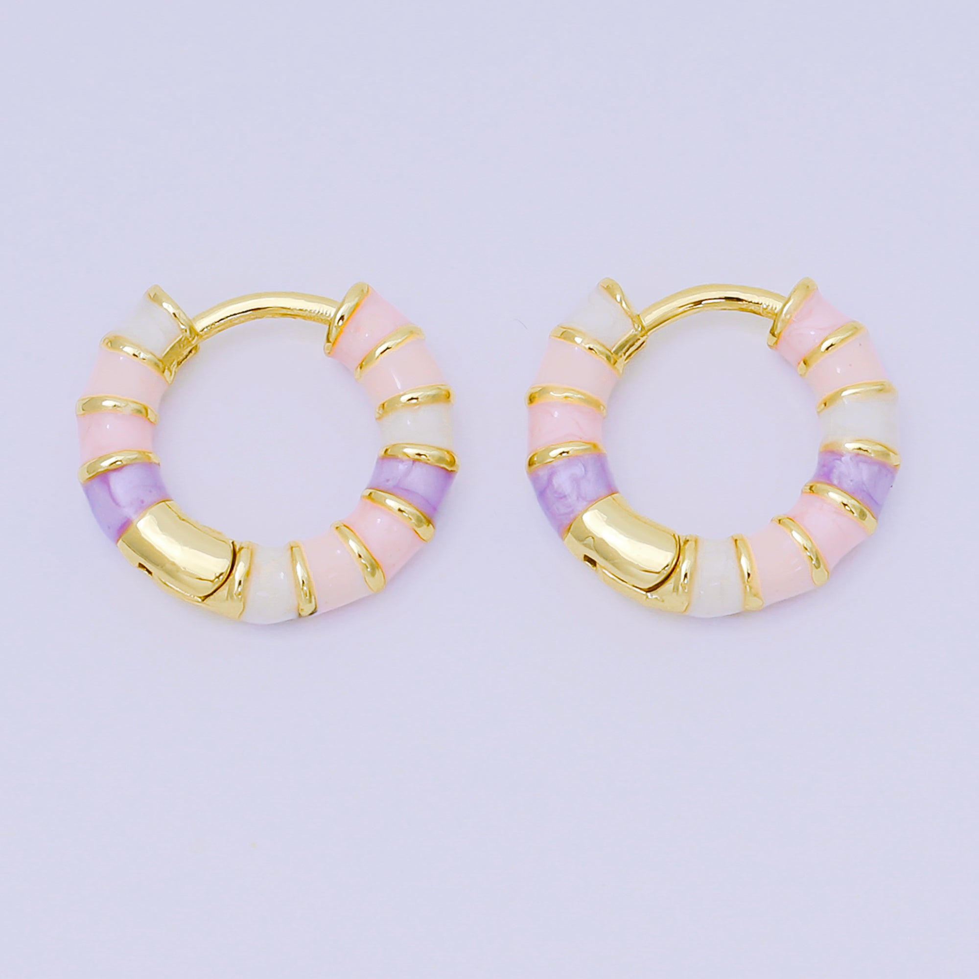24K Gold Filled Enamel Art Pastel Colorful Candy Stripes Hinged Hoops Earrings | AJ-113 - AJ-115