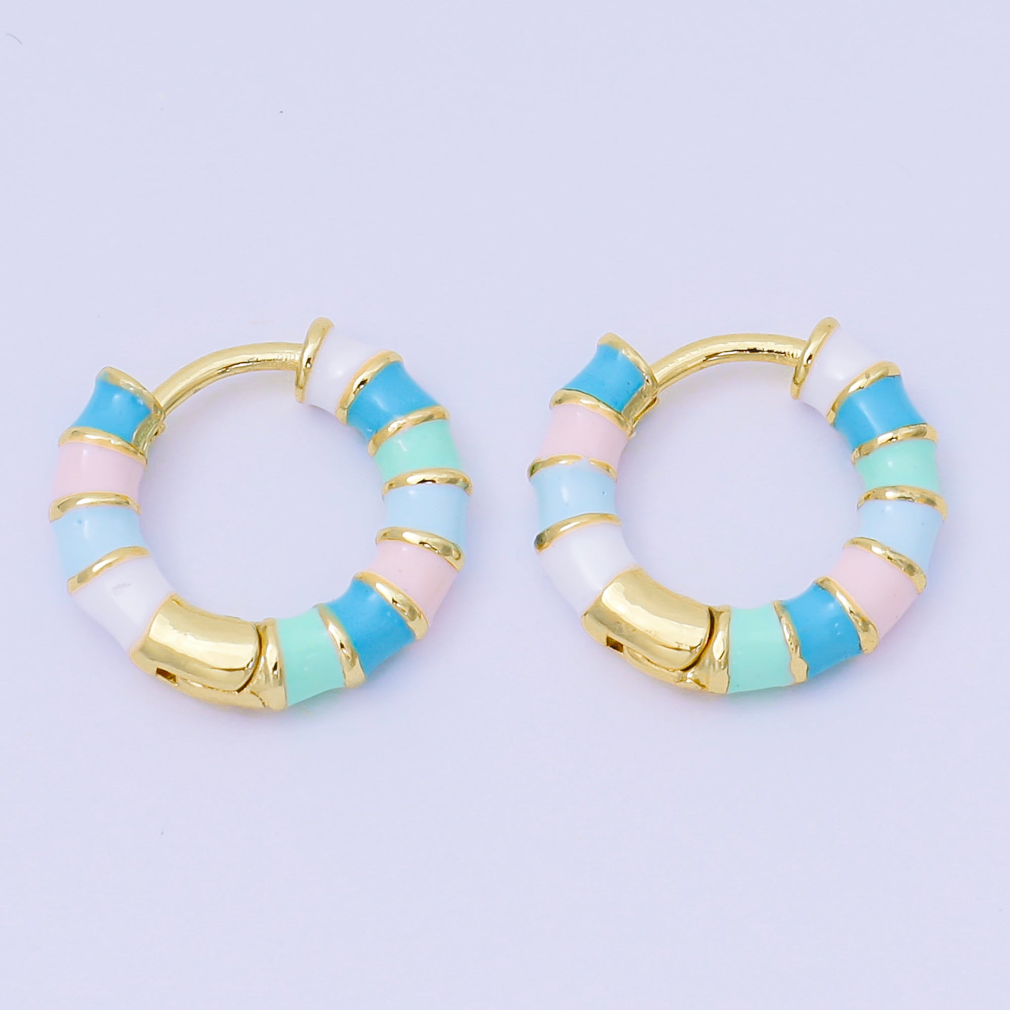 24K Gold Filled Enamel Art Pastel Colorful Candy Stripes Hinged Hoops Earrings | AJ-113 - AJ-115
