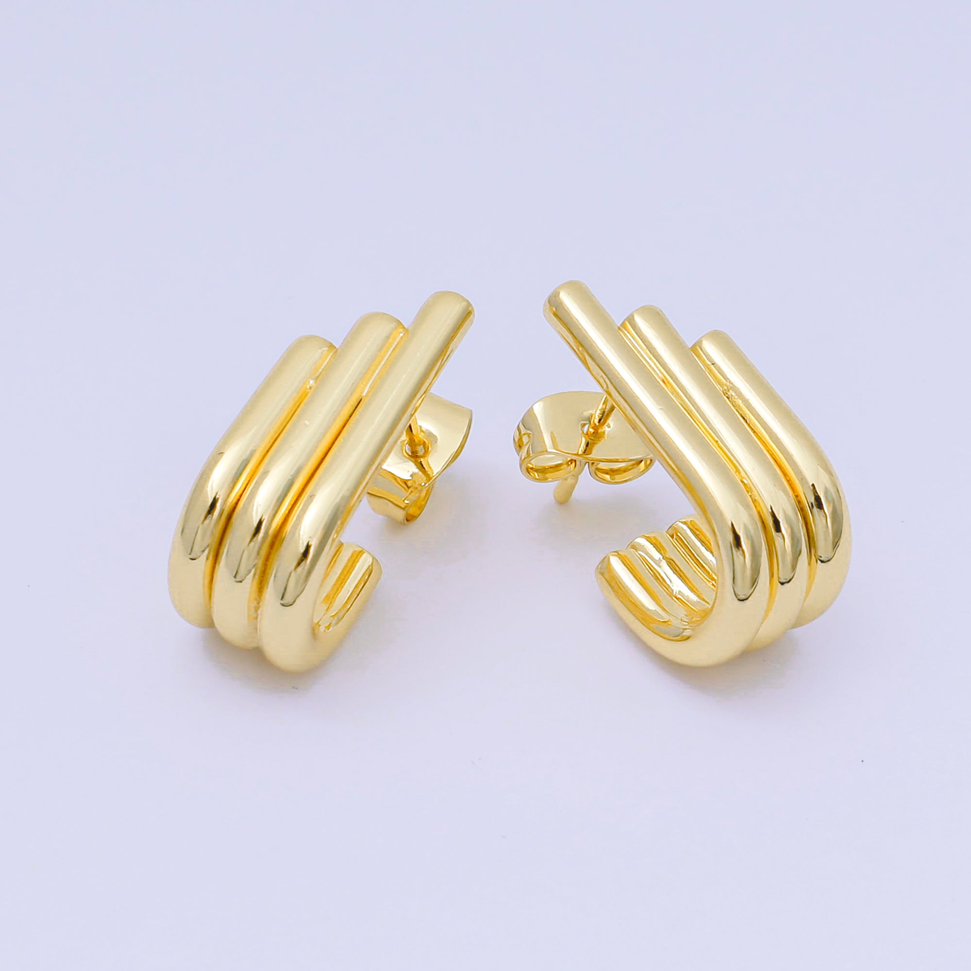24K Gold Filled Ribbed Triple Linear Modern Shaped Hoop Earrings | AJ130