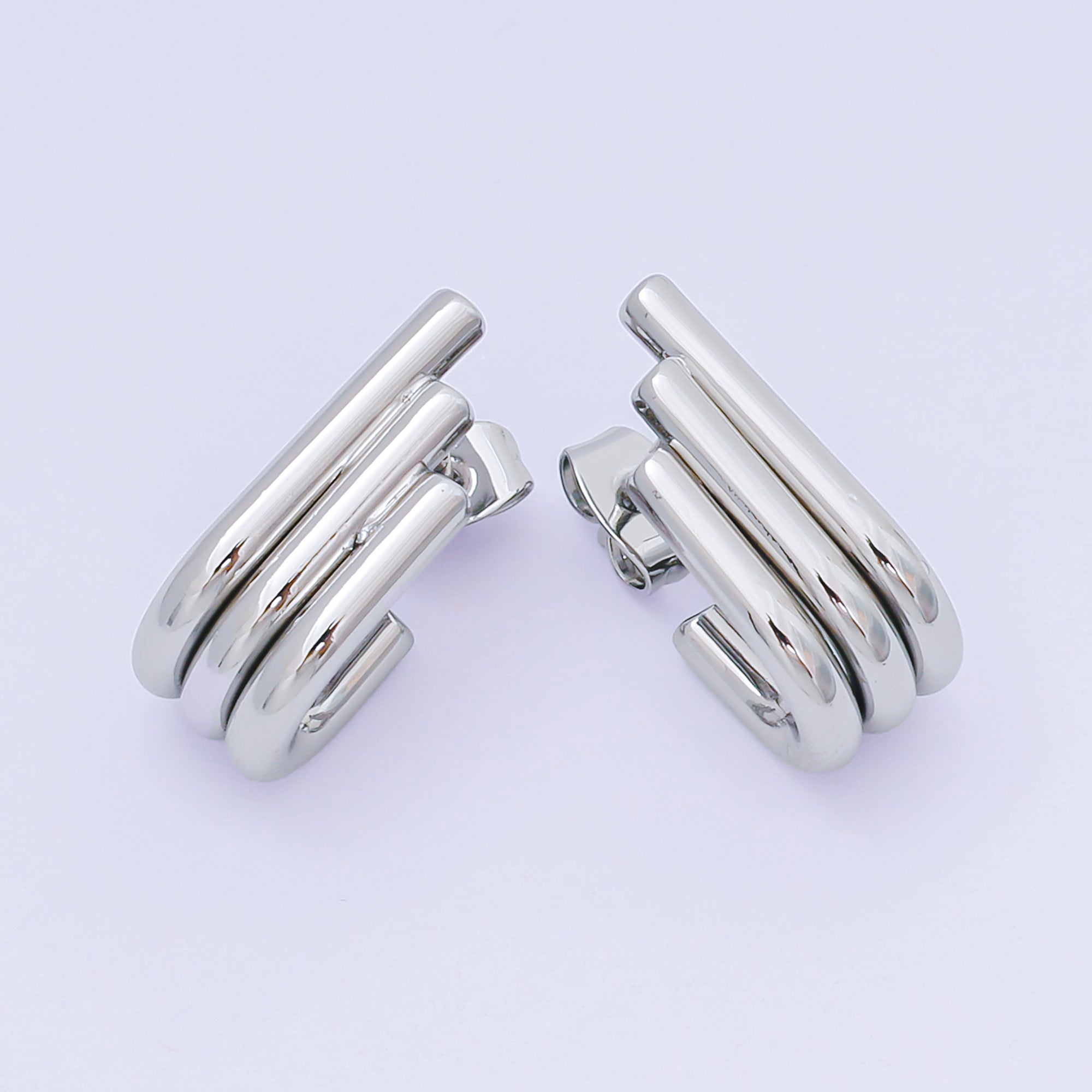 24K Gold Filled Ribbed Triple Linear Modern Shaped Hoop Earrings | AJ130